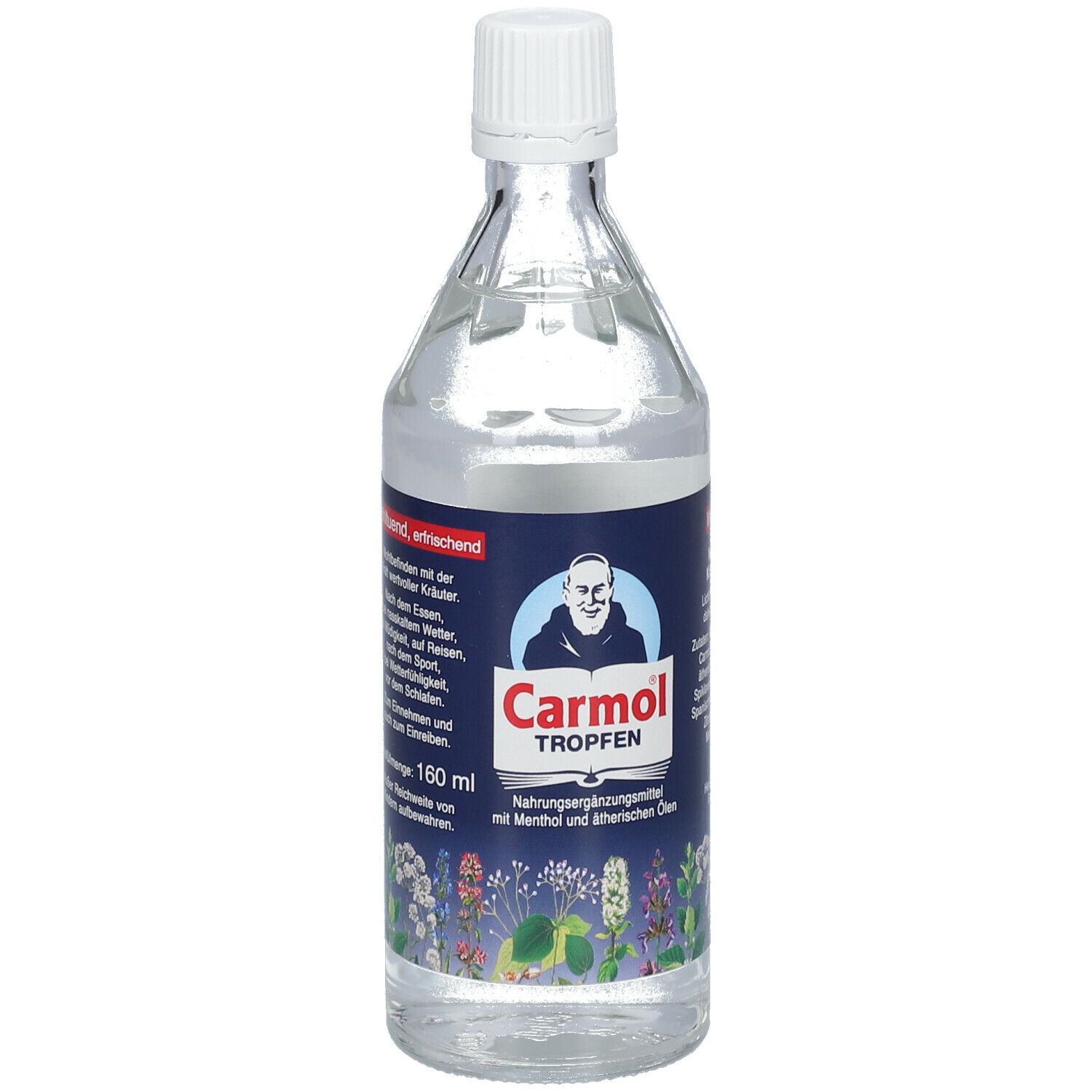 Glasflasche mit klarer Flüssigkeit und weißem Verschluss. Blaues Etikett mit Produktname und Mönch-Illustration.