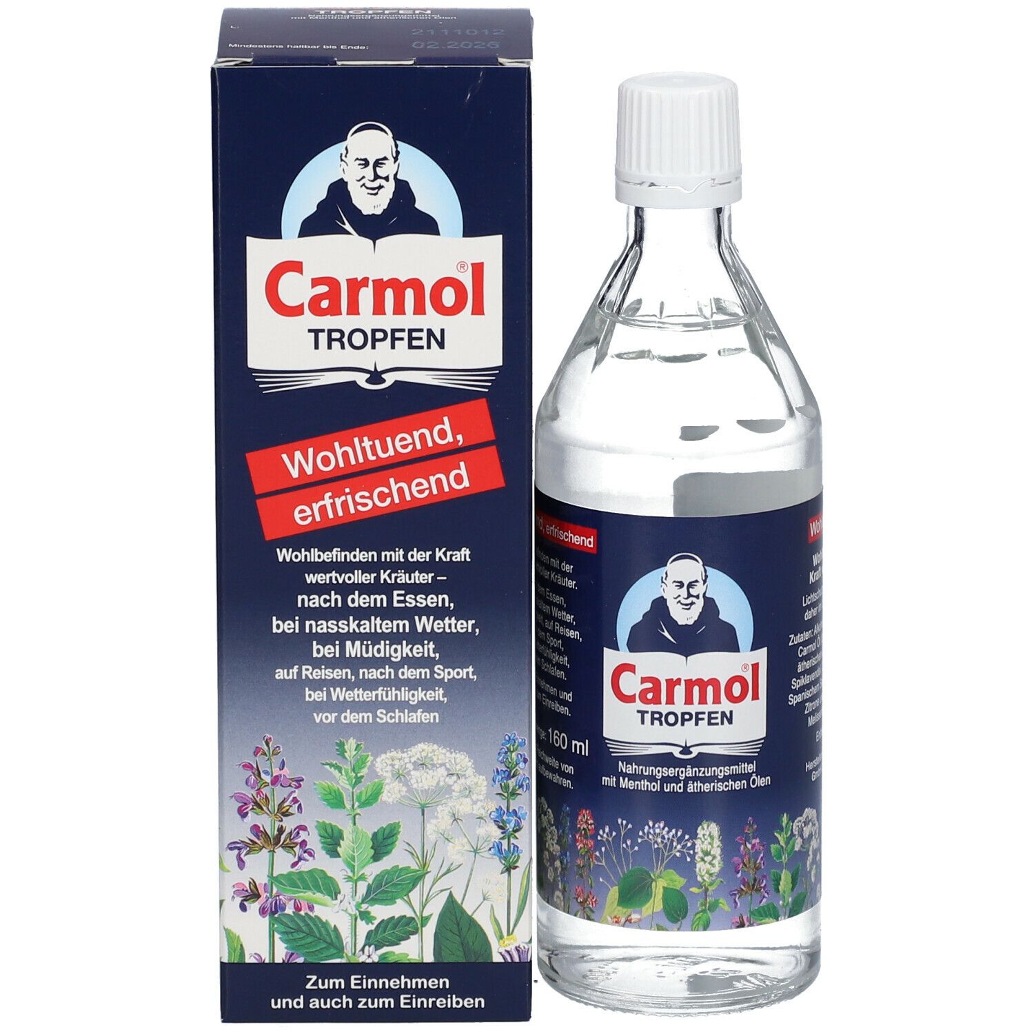 Glasflasche mit klarer Flüssigkeit und weißem Verschluss neben einer blauen Schachtel. Produktname und Mönch-Illustration.