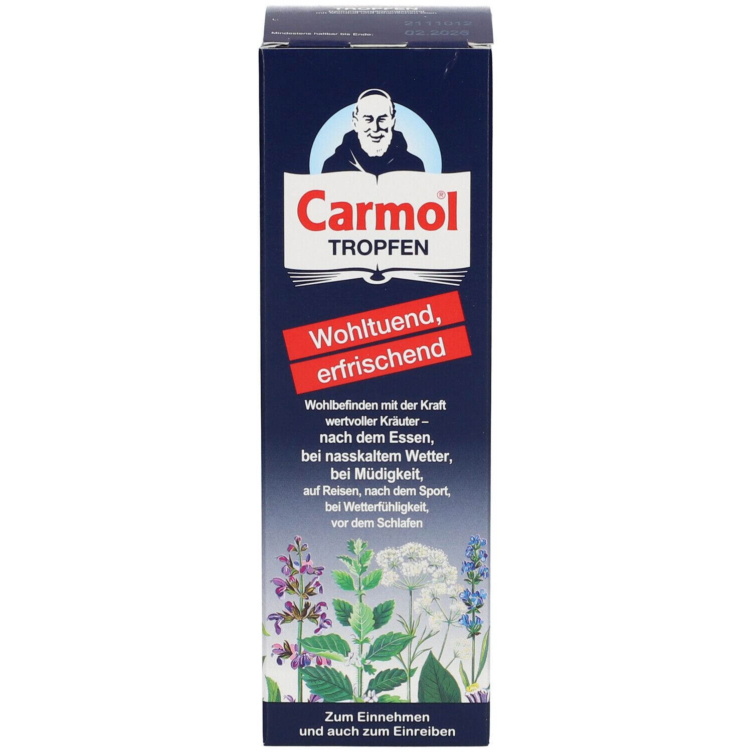 Blaue Schachtel mit Produktname und Mönch-Illustration. Roter Streifen mit Text. Kräuterabbildungen.