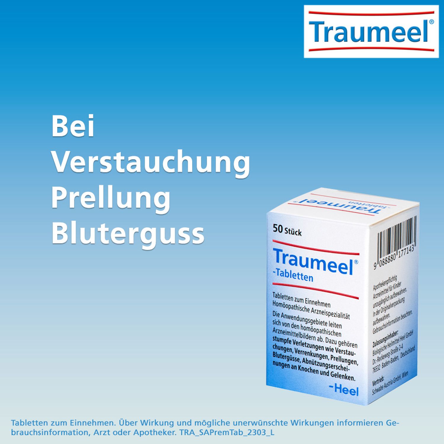 Werbebild mit "Traumeel® Tabletten"-Packung. Text: "Bei Verstauchung, Prellung, Bluterguss".