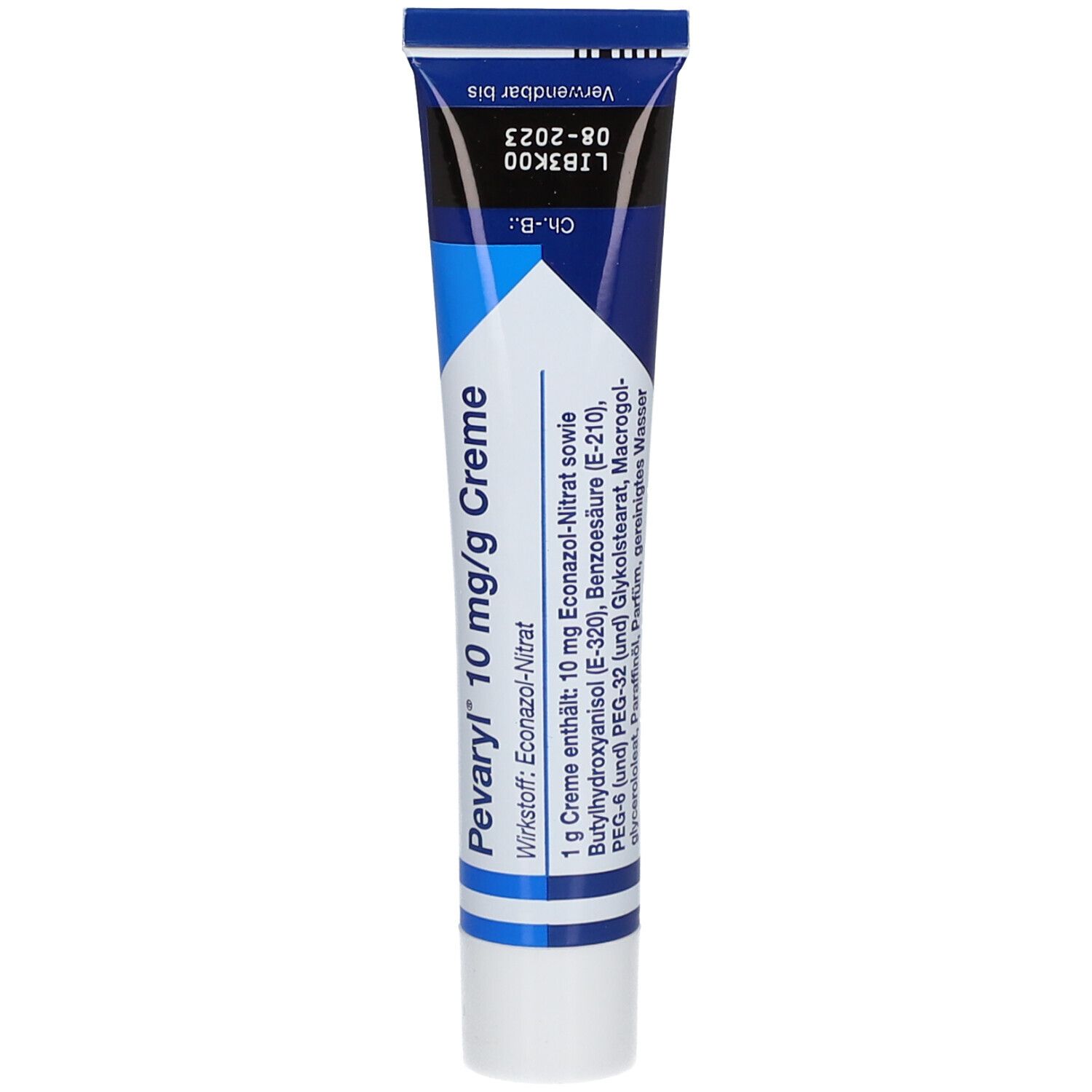 Creme-Tube Pevaryl 10 mg/g. Blaue und weiße Tube mit Produktinformationen. Enthält Wirkstoffe und Verfallsdatum.