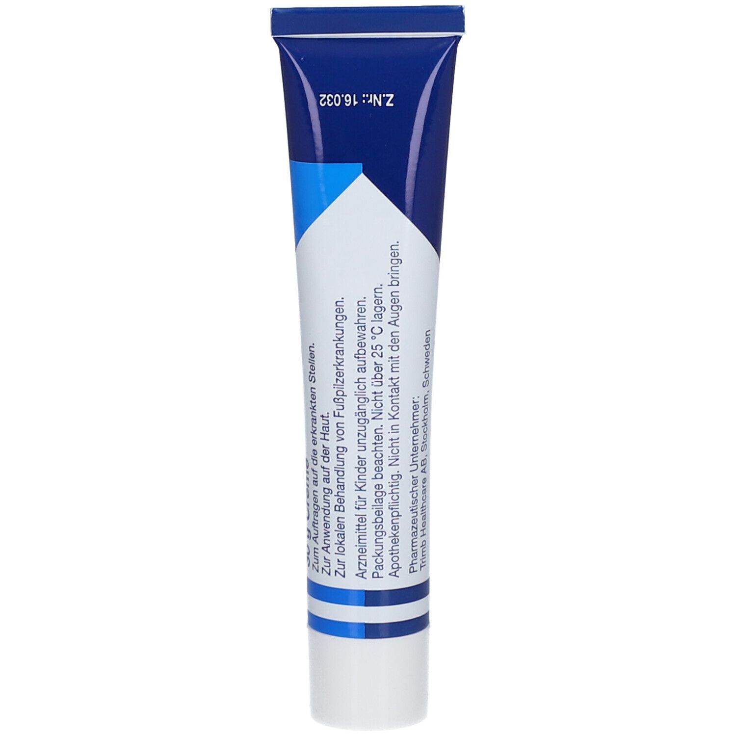 Rückseite der Pevaryl 10 mg/g Creme-Tube. Blaue und weiße Tube mit Text. Enthält Informationen zur Anwendung und Hersteller.