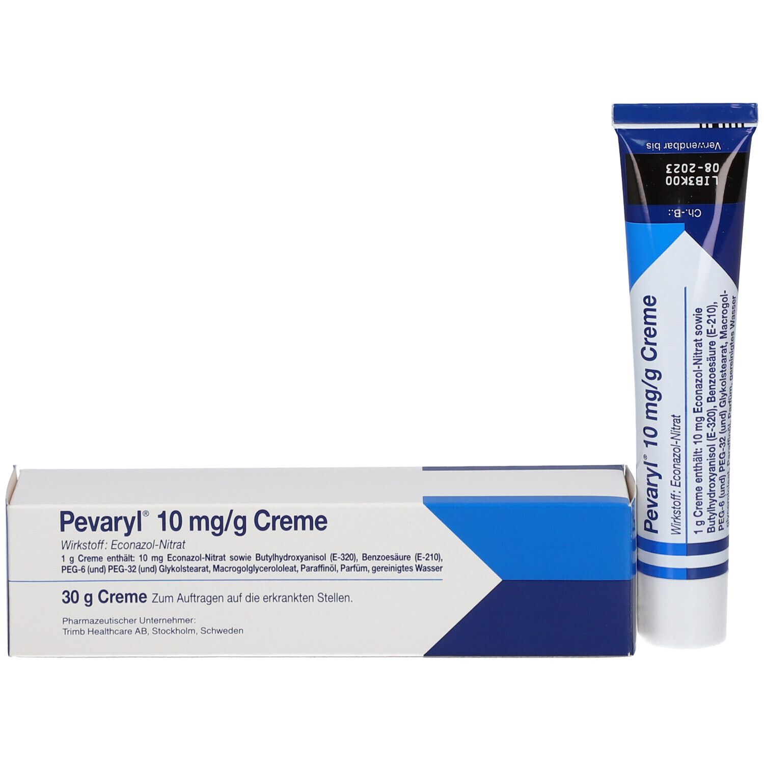 Pevaryl 10 mg/g Creme-Tube und Schachtel. Tube und Schachtel mit Produktinformationen. Enthält Wirkstoffe und Dosierung.