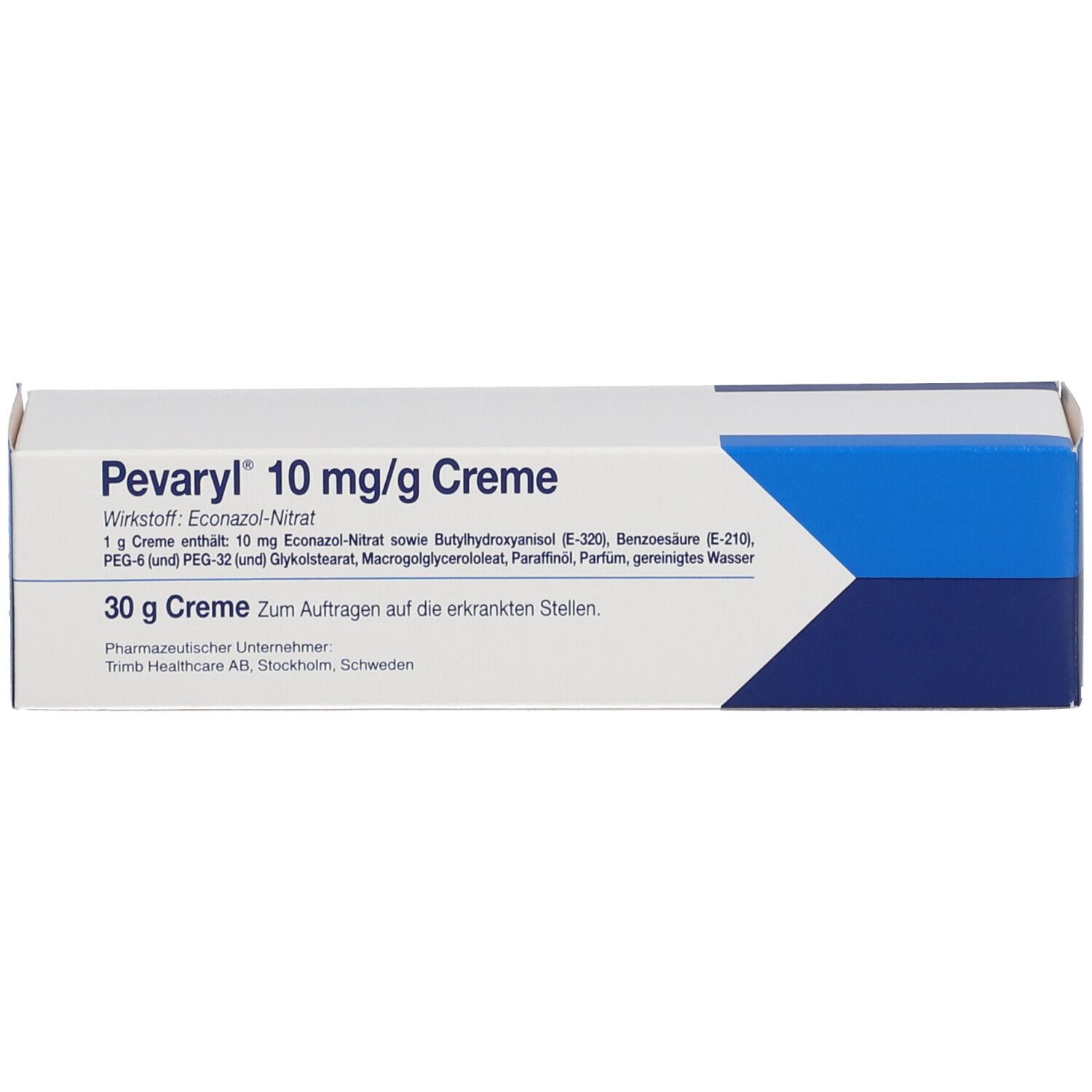 Pevaryl 10 mg/g Creme-Schachtel. Weiße Schachtel mit blauen Akzenten und Produktinformationen. Enthält Wirkstoffe und Dosierung.