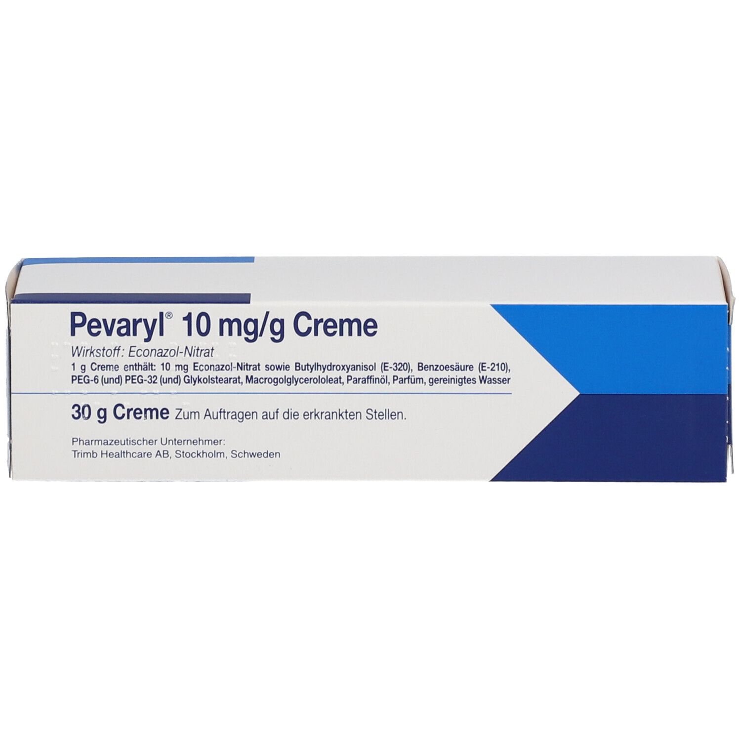 Pevaryl 10 mg/g Creme-Schachtel. Weiße Schachtel mit blauen Akzenten und Produktinformationen. Enthält Wirkstoffe und Dosierung.