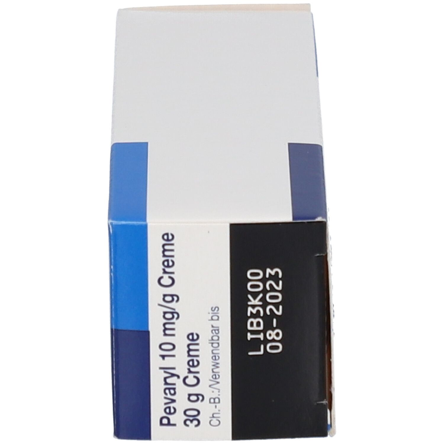 Ende der Pevaryl 10 mg/g Creme-Schachtel. Enthält Produktname, Dosierung und Verfallsdatum.
