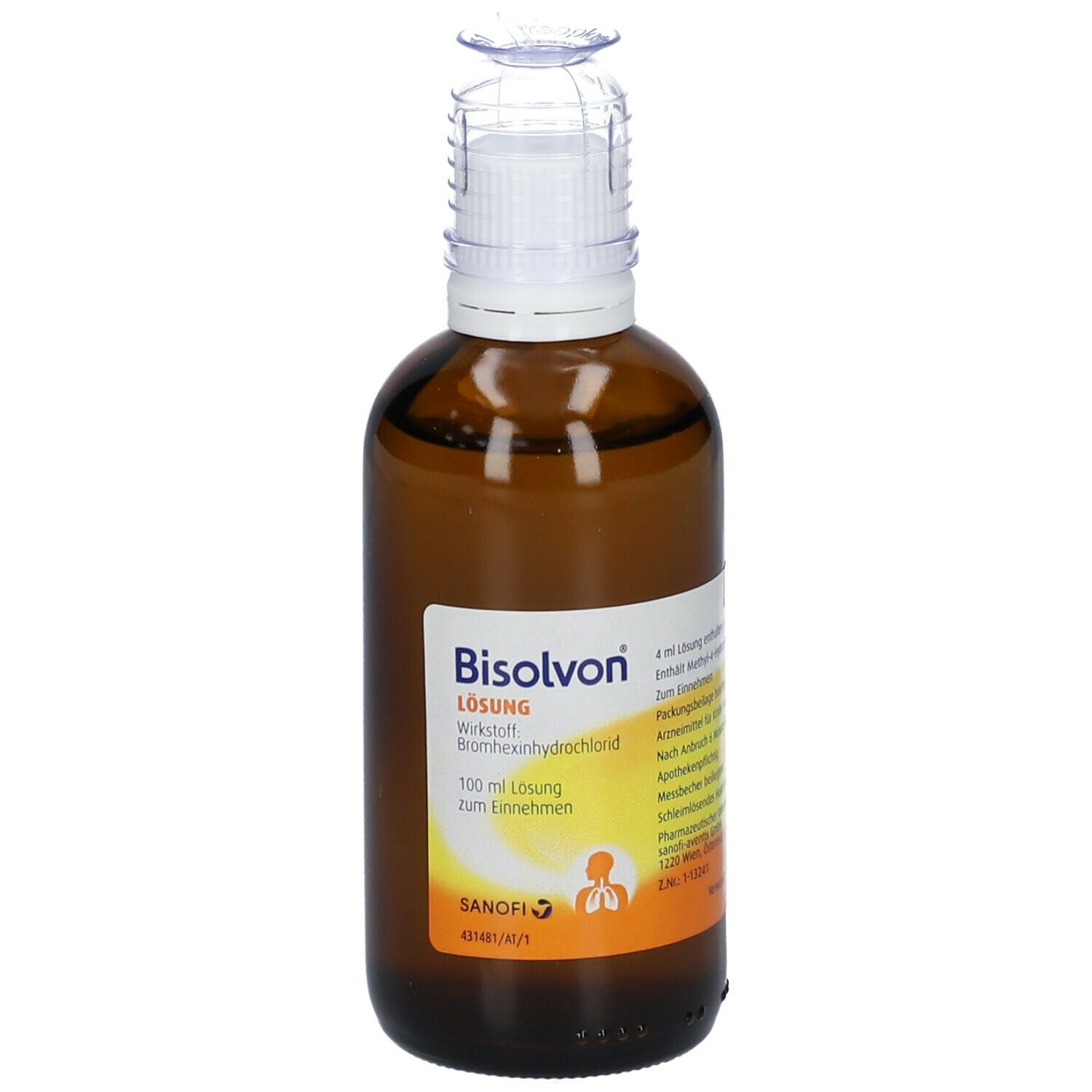 Braune Glasflasche mit weißem Verschluss und Dosierhilfe. Beschriftung: Bisolvon Lösung, Wirkstoff Bromhexinhydrochlorid.