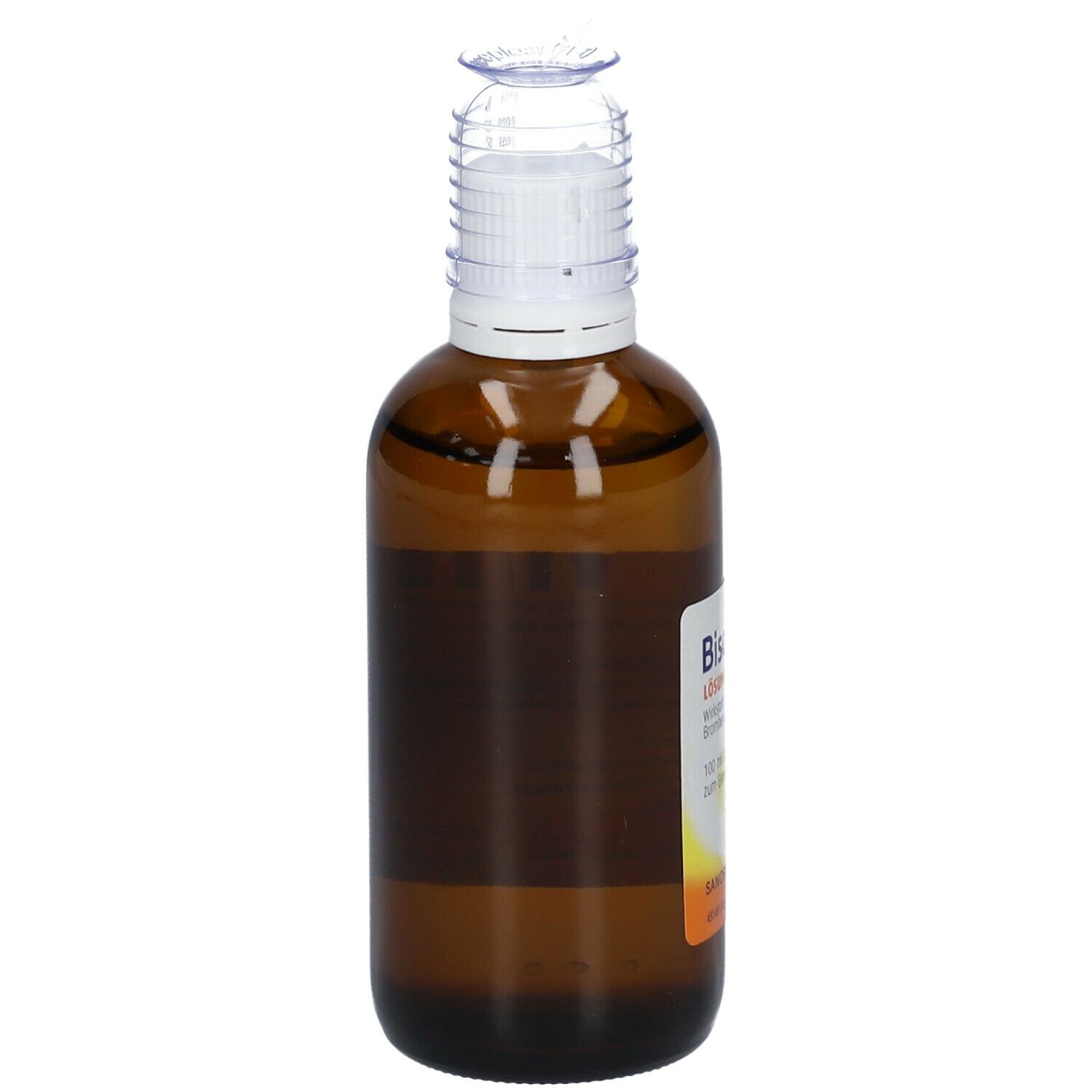 Braune Glasflasche mit weißem Verschluss und Dosierhilfe. Beschriftung: Bisolvon Lösung, Wirkstoff Bromhexinhydrochlorid.