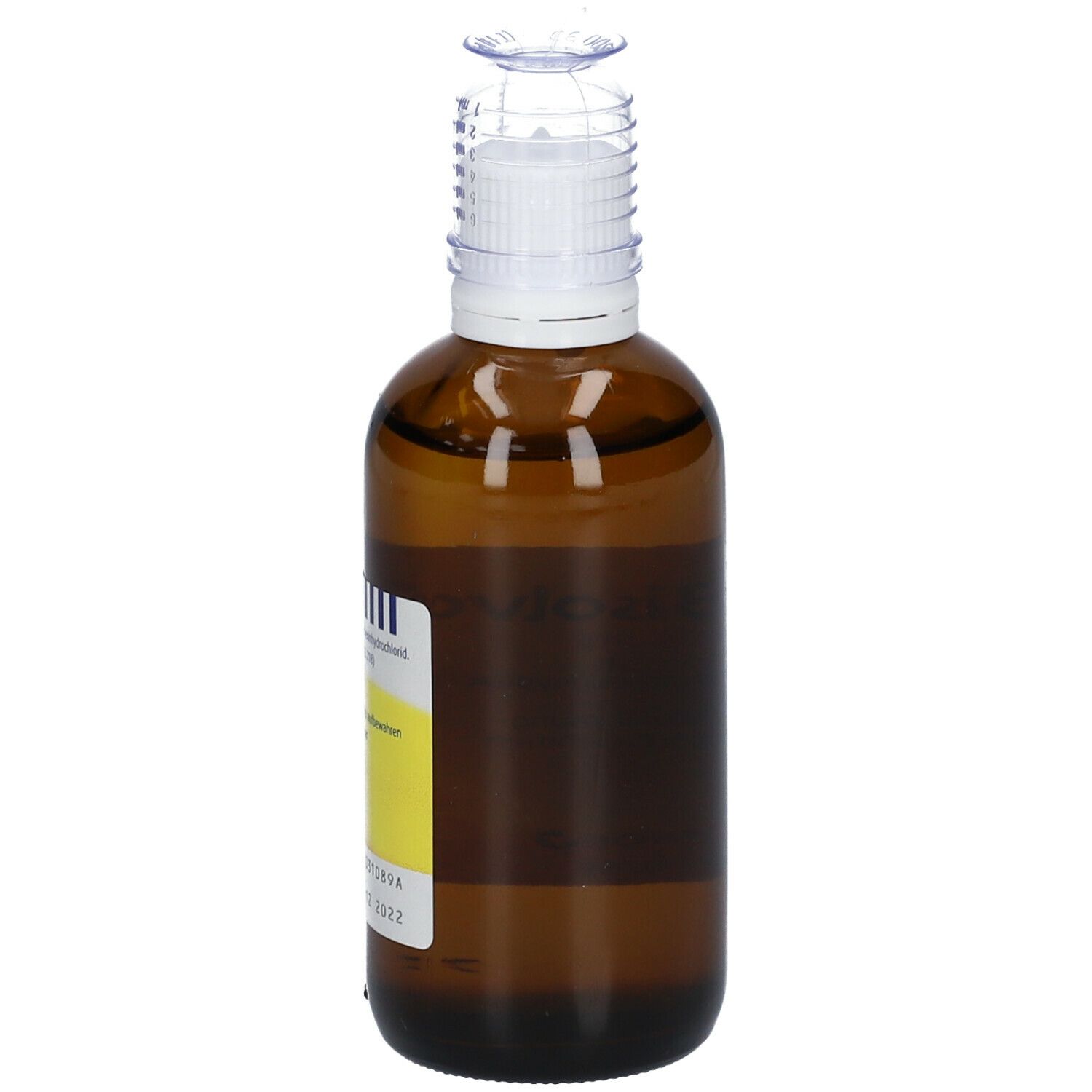 Braune Glasflasche mit weißem Verschluss und Dosierhilfe. Beschriftung: Bisolvon Lösung, Wirkstoff Bromhexinhydrochlorid.