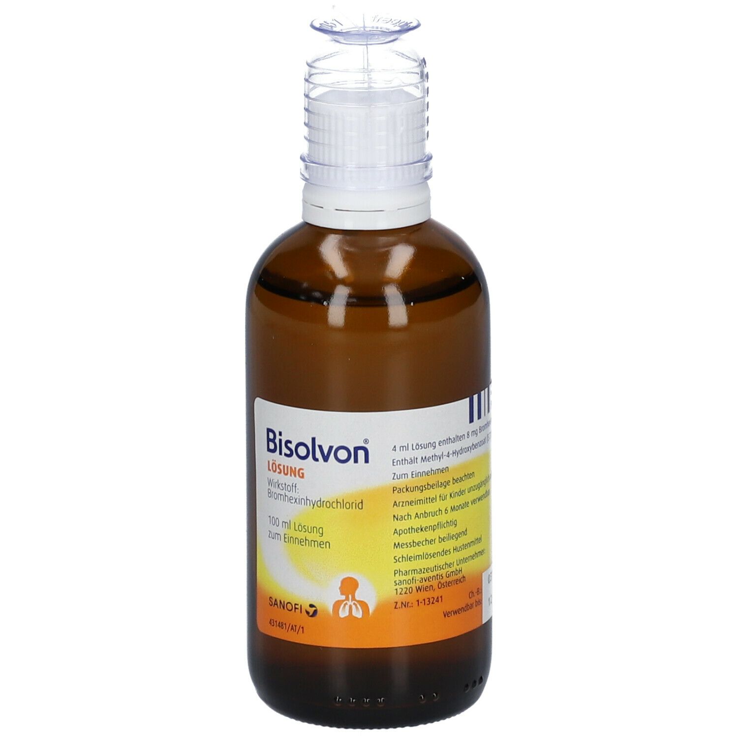 Braune Glasflasche mit weißem Verschluss und Dosierhilfe. Beschriftung: Bisolvon Lösung, Wirkstoff Bromhexinhydrochlorid.
