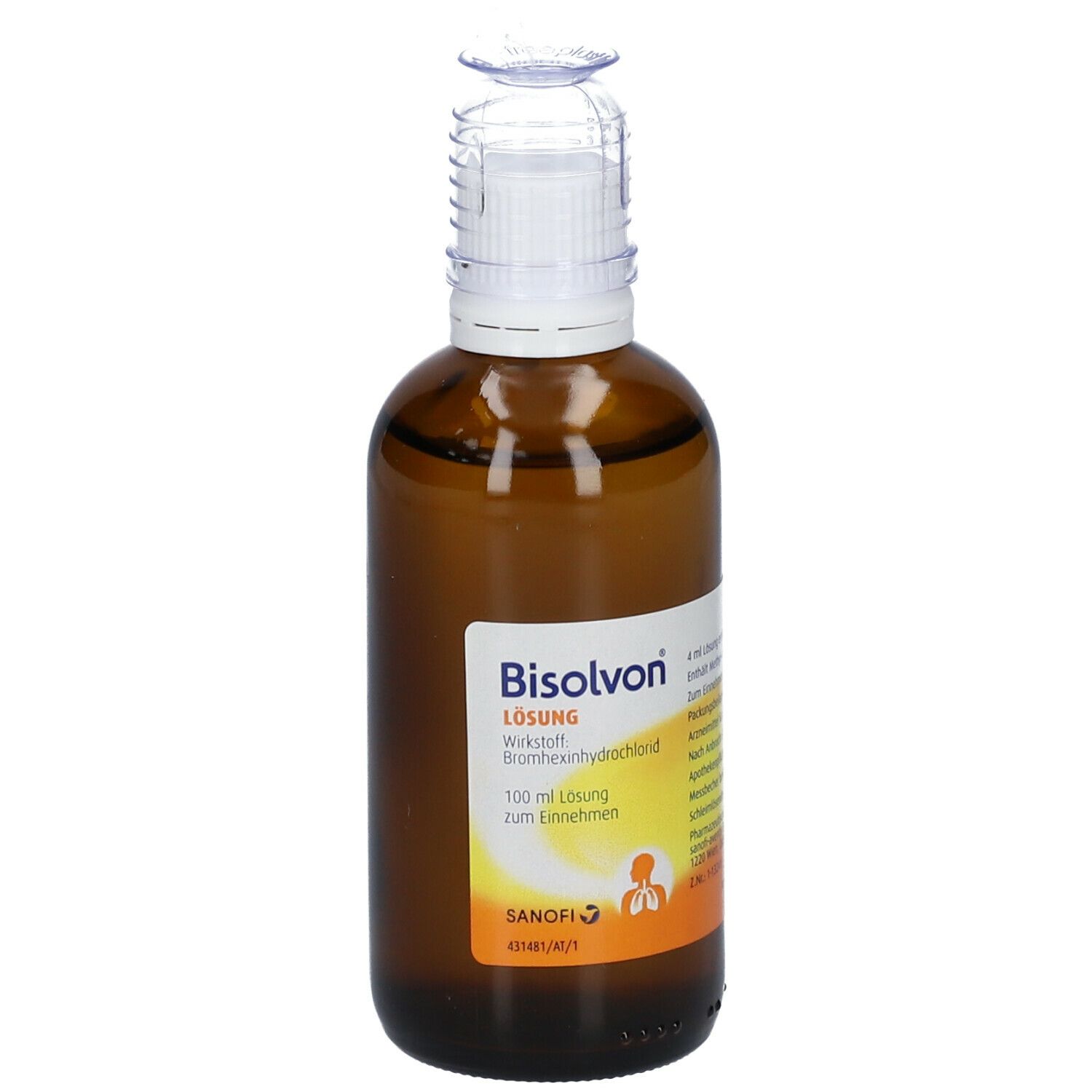 Braune Glasflasche mit weißem Verschluss und Dosierhilfe. Beschriftung: Bisolvon Lösung, Wirkstoff Bromhexinhydrochlorid.
