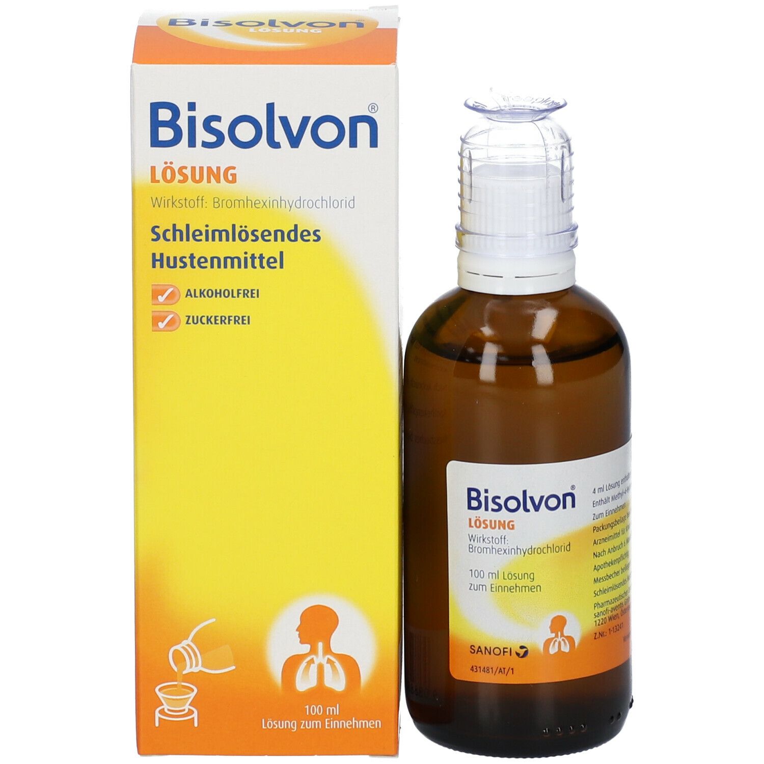 Bisolvon Lösung Flasche und Verpackung. Flasche braun, weißer Verschluss. Verpackung gelb-weiß mit Produktinformationen.