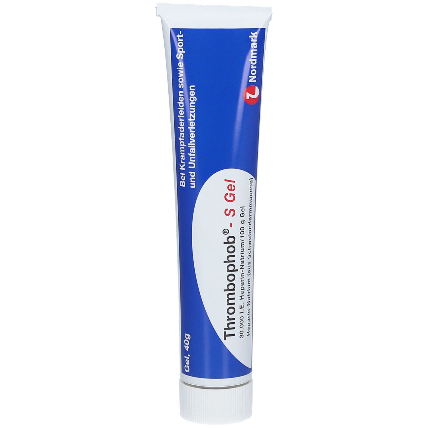 Tube mit blauem Streifen. Enthält Thrombophob® S Gel. Marke Nordmark. Text: Bei Krampfaderleiden sowie Sport- und Unfallverletzungen.