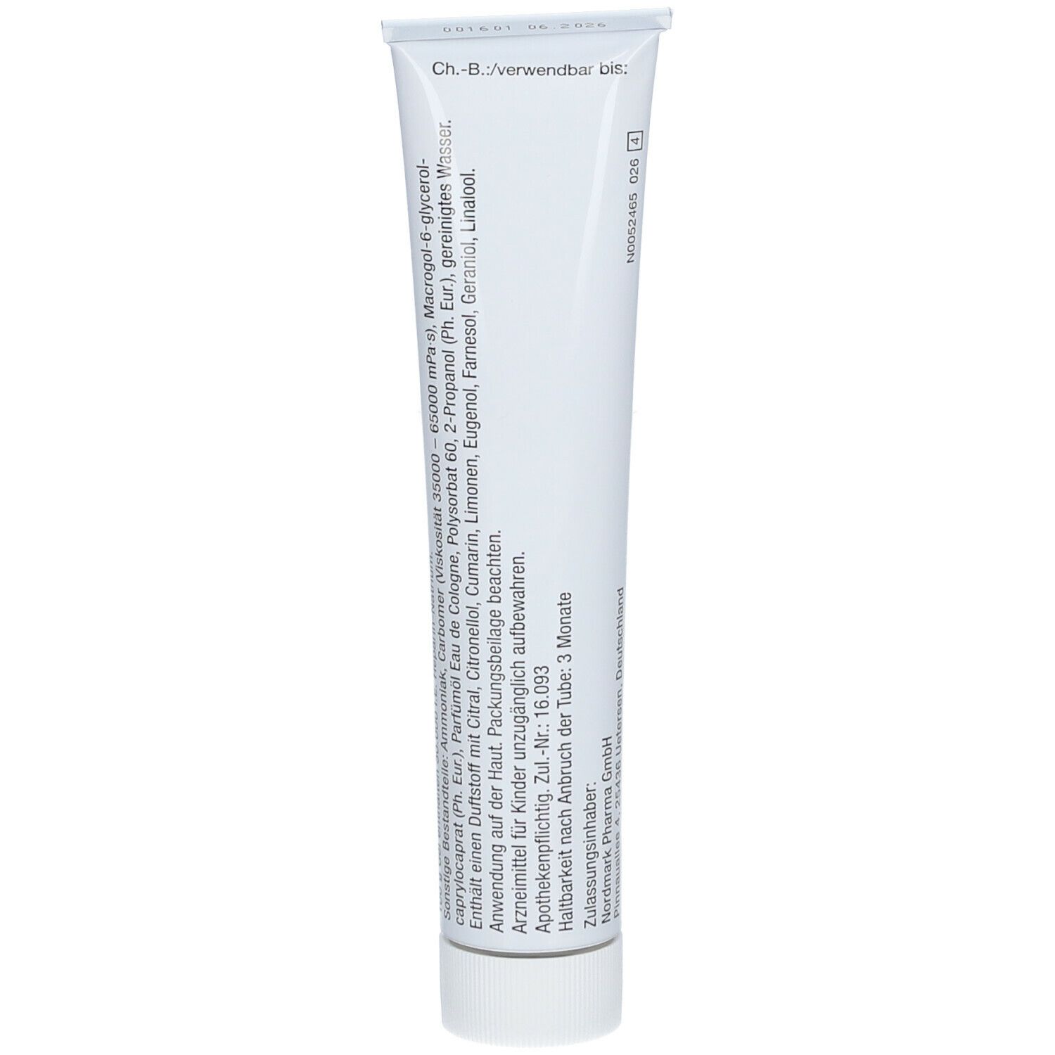 Rückseite einer Tube. Text: Ch.-B./verwendbar bis. Enthält Inhaltsstoffe. Apothekenpflichtig. Zul.-Nr. 16.093. Hergestellt von Nordmark Pharma GmbH.