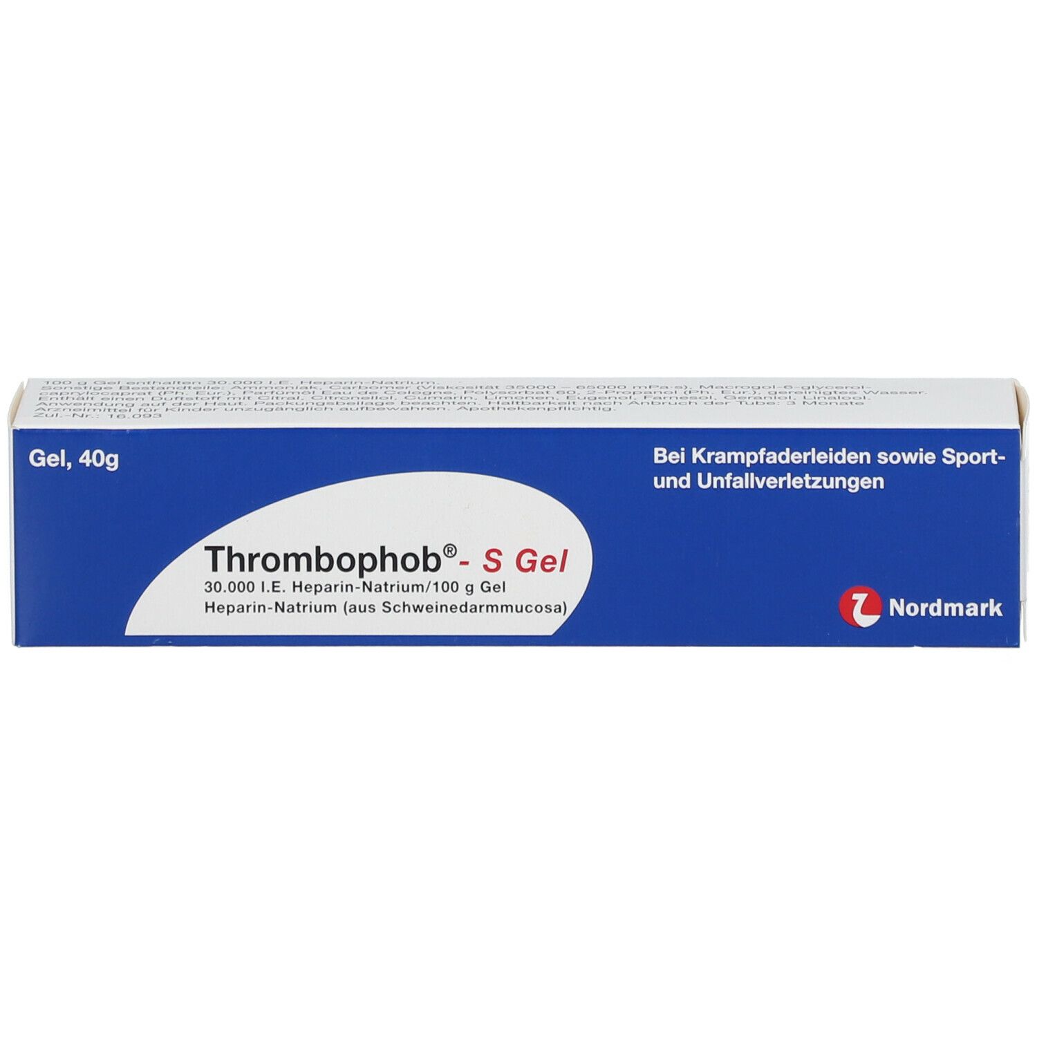 Produktverpackung. Blau, weiß. Enthält Thrombophob® S Gel. Marke Nordmark. Text: Bei Krampfaderleiden sowie Sport- und Unfallverletzungen.