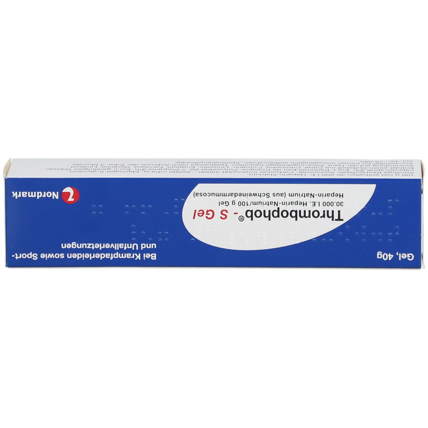 Produktverpackung. Enthält Thrombophob® S Gel. Marke Nordmark. Text: Bei Krampfaderleiden sowie Sport- und Unfallverletzungen.
