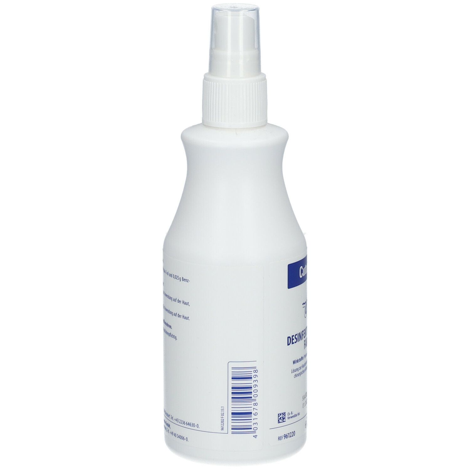 Weiße Flasche mit Sprühkopf. Rückseite mit Text. Barcode und weitere Informationen.