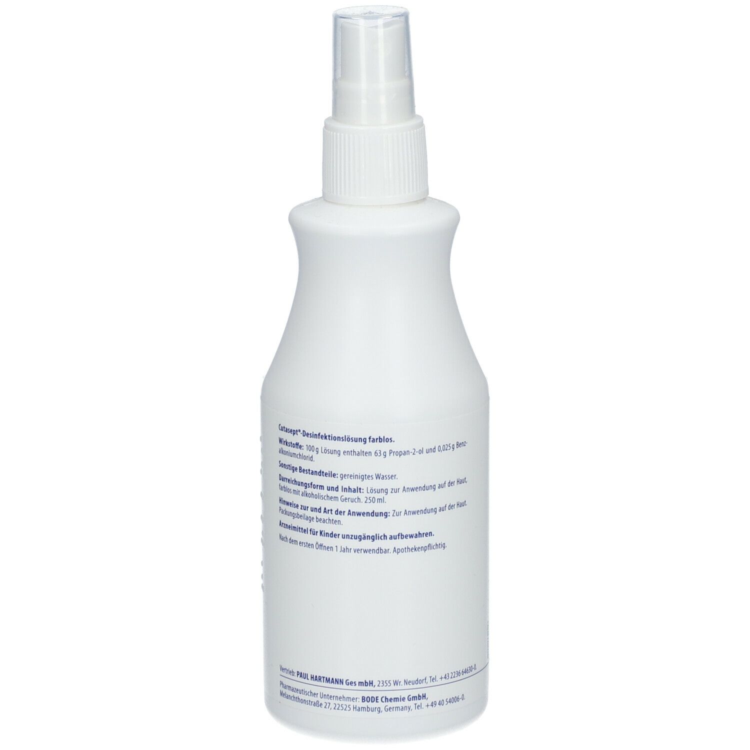 Weiße Flasche mit Sprühkopf. Rückseite mit Text. Inhaltsstoffe, Anwendungshinweise und Herstellerinformationen.