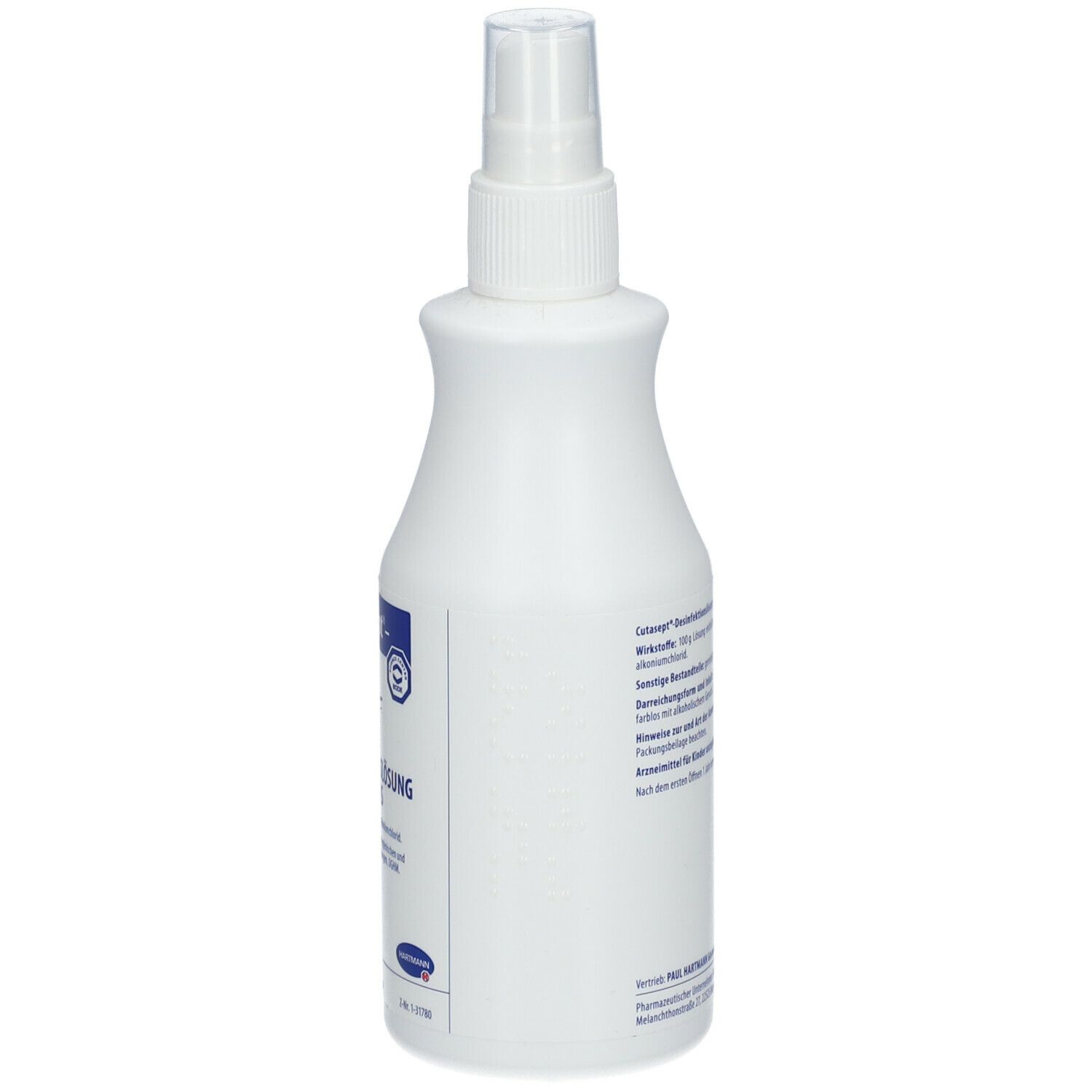 Weiße Flasche mit Sprühkopf. Rückseite mit Text. Herstellerinformationen und weitere Angaben.