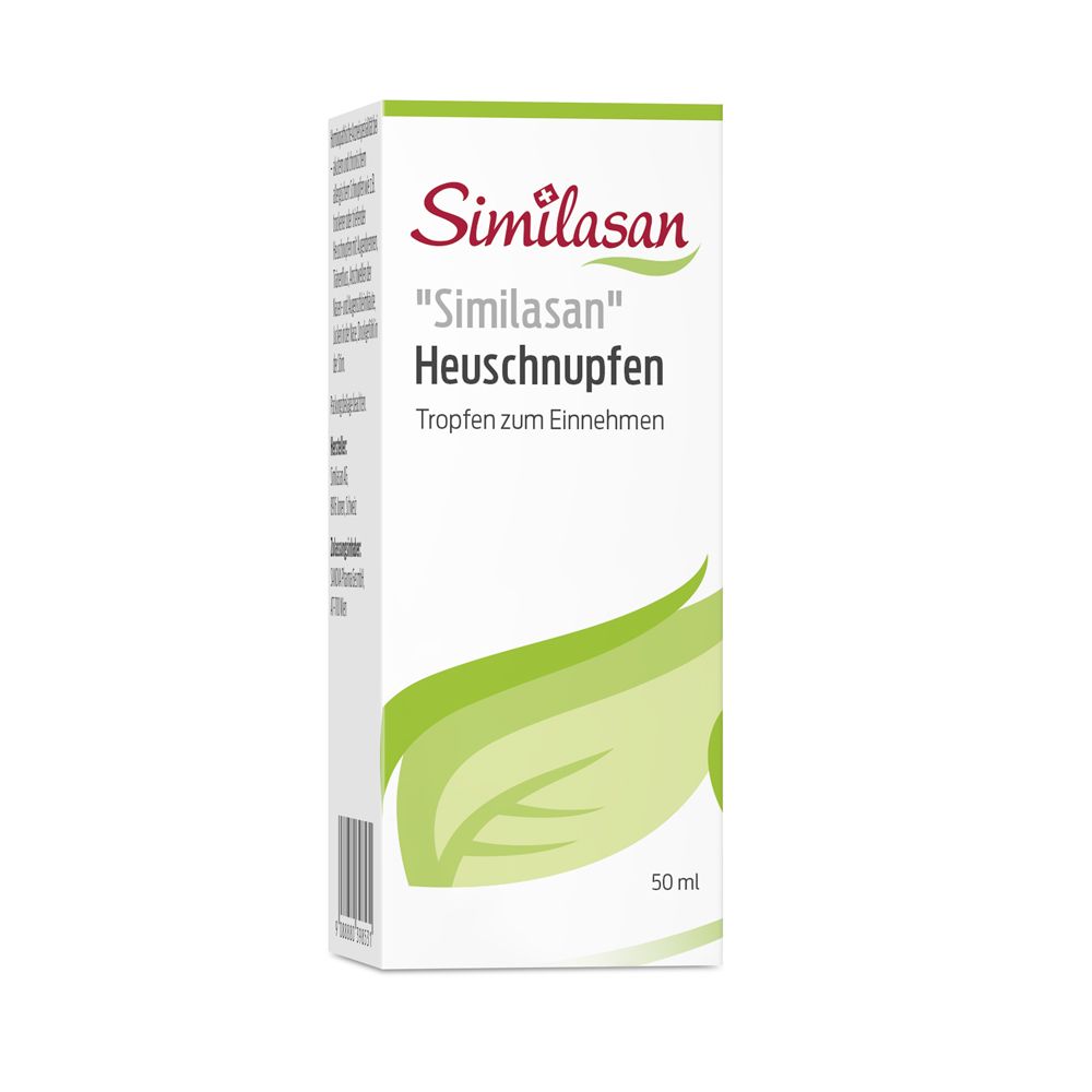 Schachtel mit Similasan "Heuschnupfen". Weiß mit grünen Blättern und Produktinformationen. 50 ml.