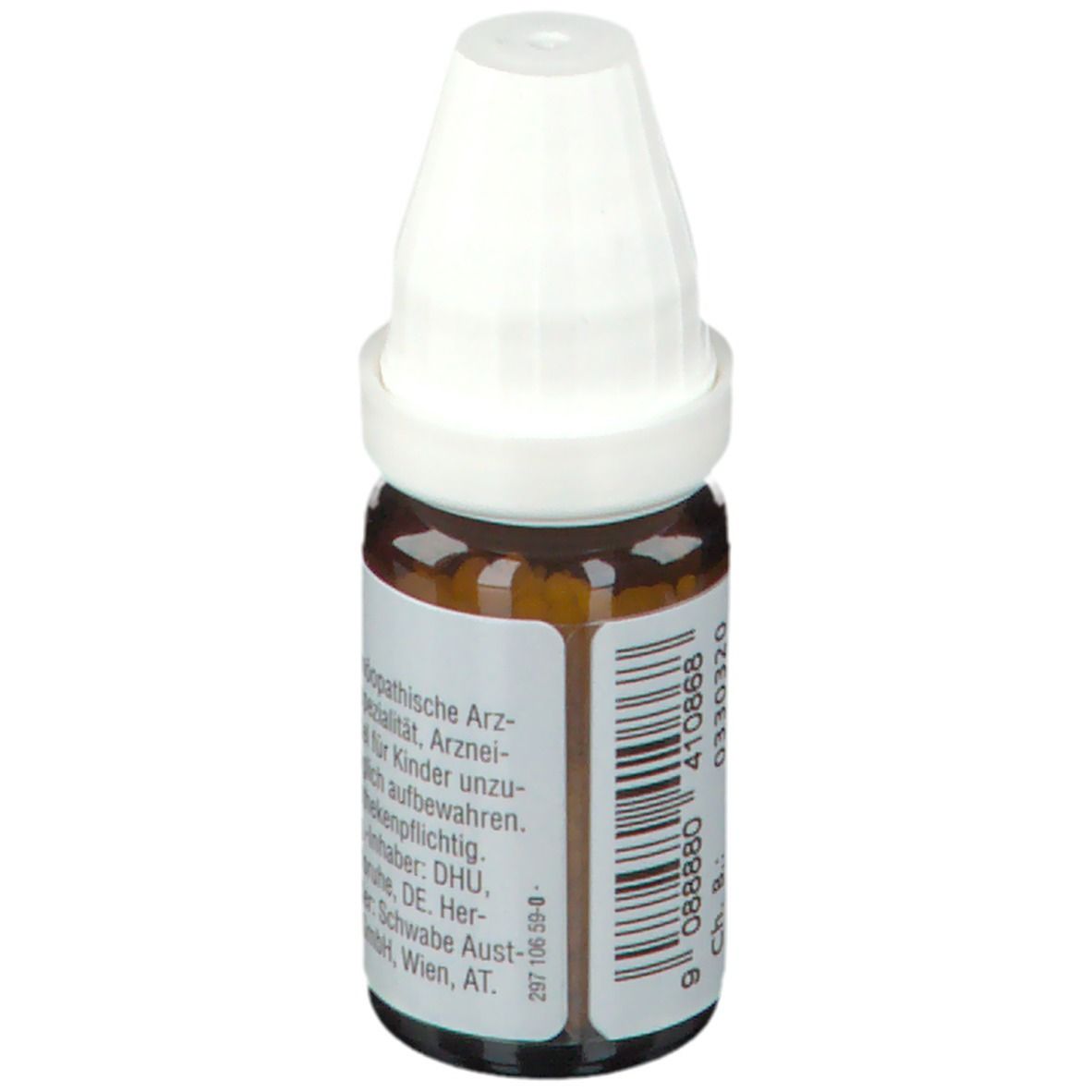 Braune Glasflasche mit weißem Verschluss. Etikett mit Barcode und Text: Homöopathische Arzneispezialität. DHU Logo.