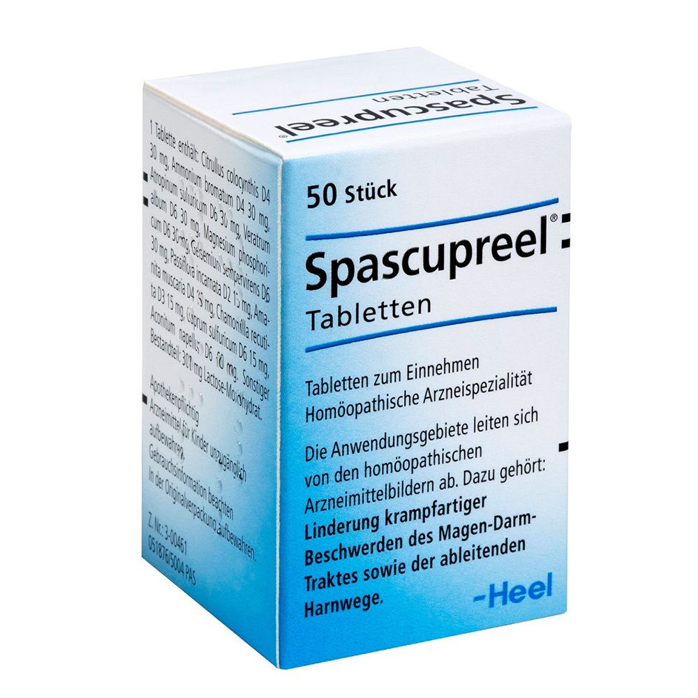 Weißer Karton mit "Spascupreel" Tabletten. Enthält 50 Stück. Text in deutscher Sprache.