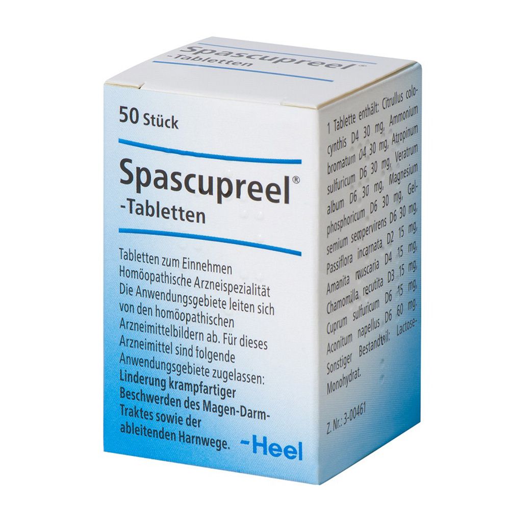 Nahaufnahme eines weißen Tablettenkartons mit "Spascupreel" Tabletten. 50 Stück. Text in deutscher Sprache.