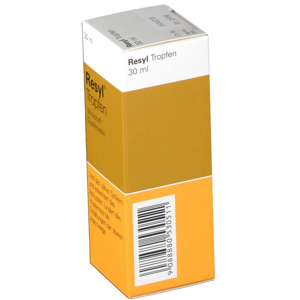 Resyl Tropfen-Packung. Barcode auf der Rückseite. Gelb-weiße Schachtel mit Produktinformationen.
