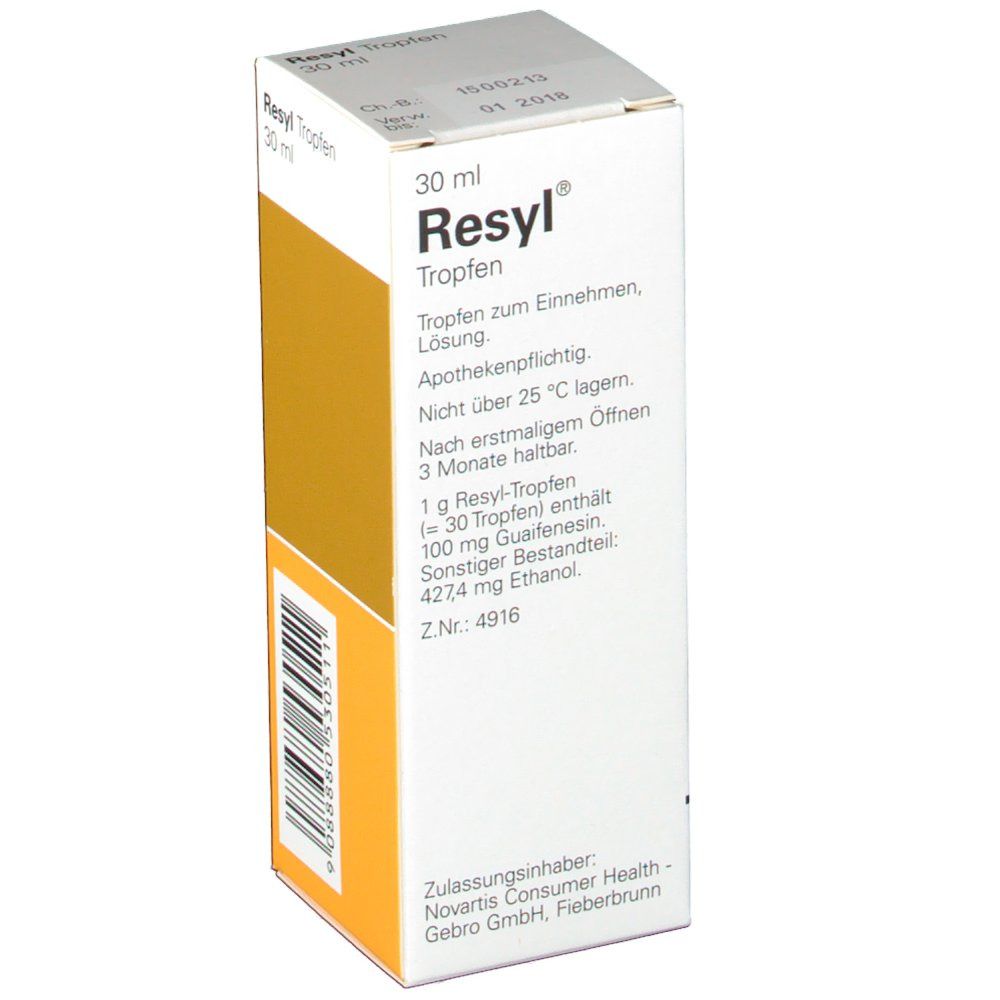 Resyl Tropfen-Packung. Enthält Guaifenesin. Gelb-weiße Schachtel mit Produktinformationen.