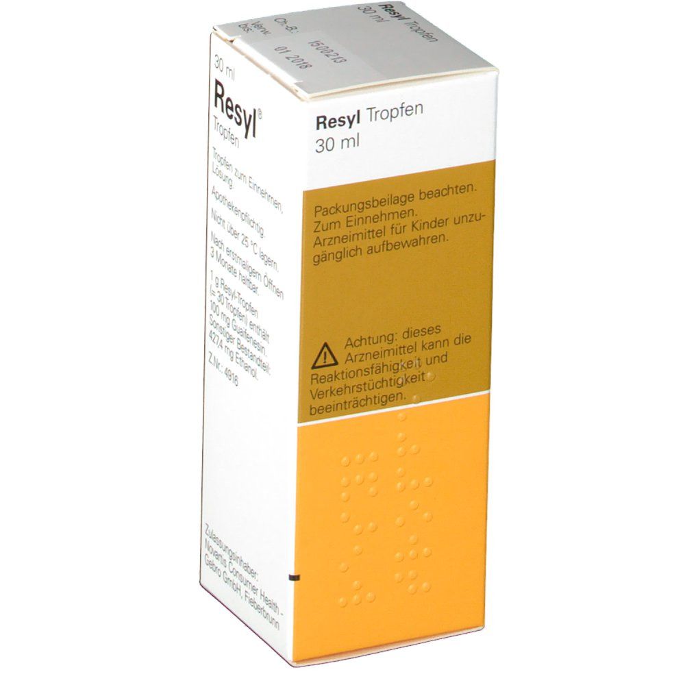 Resyl Tropfen-Packung. Enthält Guaifenesin. Gelb-weiße Schachtel mit Produktinformationen.