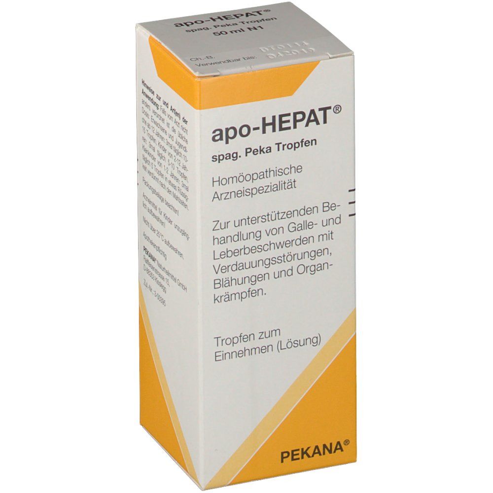 Karton mit Produktnamen apo-HEPAT, spag. Peka Tropfen. Homöopathische Arzneispezialität. PEKANA Logo unten rechts.