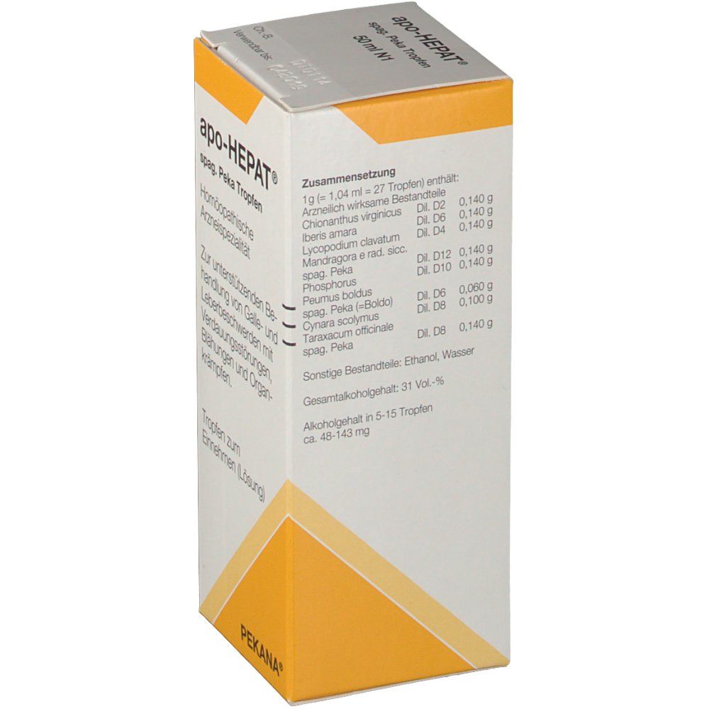 Karton mit Produktinformationen: Zusammensetzung, Inhaltsstoffe, Alkoholgehalt. PEKANA Logo unten links.