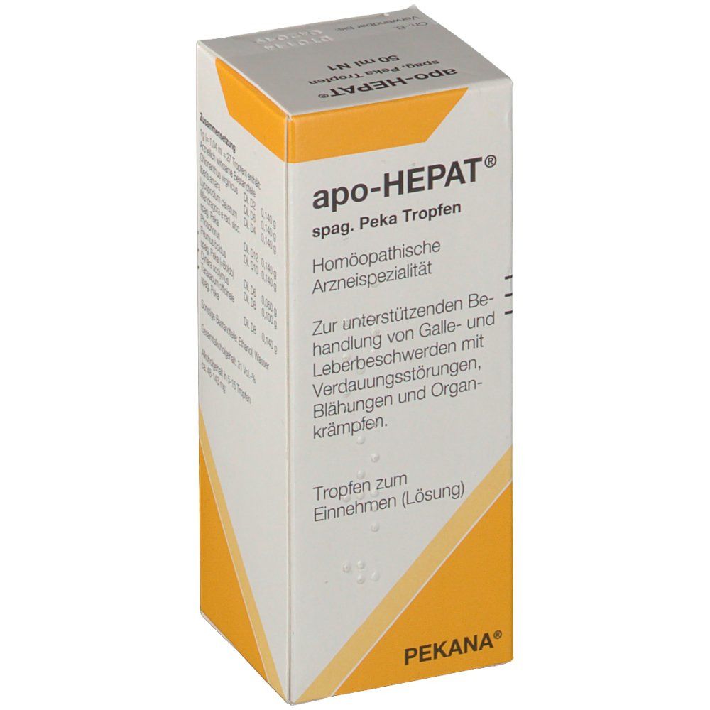 Karton mit Produktnamen apo-HEPAT, spag. Peka Tropfen. Homöopathische Arzneispezialität. PEKANA Logo unten rechts.