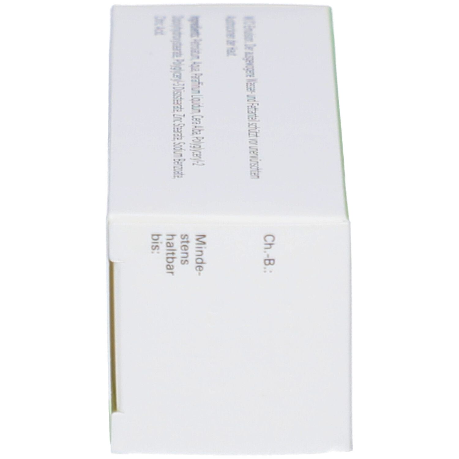 Seitenansicht der Produktverpackung. Enthält Informationen zur Haltbarkeit und Chargennummer.