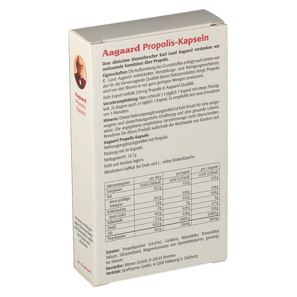Rückseite der Verpackung von Sanhelios Aagaard Propolis-Kapseln. Text in deutscher Sprache. Nährwerttabelle. Bild von Mann.