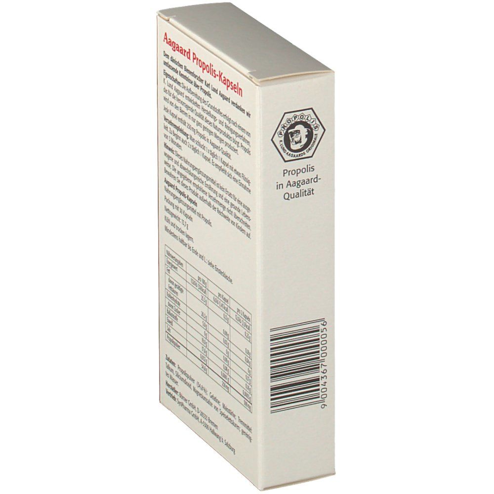 Seite der Verpackung von Sanhelios Aagaard Propolis-Kapseln. Text in deutscher Sprache. Nährwerttabelle. Qualitätszeichen.