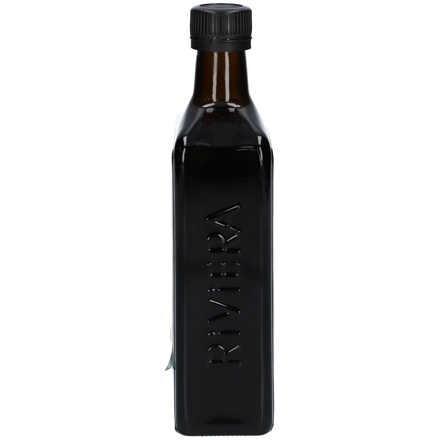 Braune, rechteckige Flasche mit schwarzem Verschluss. "RIVIERA" vertikal auf der Flasche.