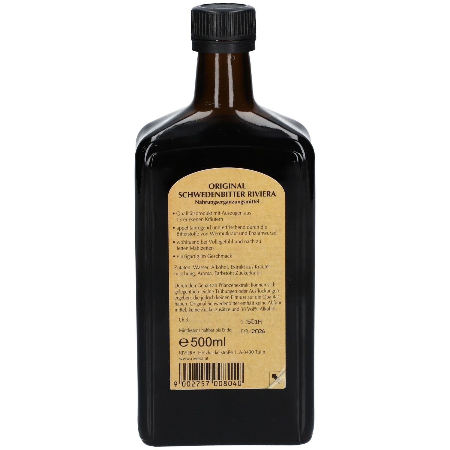 Rückseite der Flasche. Etikett mit Text: "Original Schwedenbitter RIVIERA". Angaben zu Inhaltsstoffen und Hersteller.