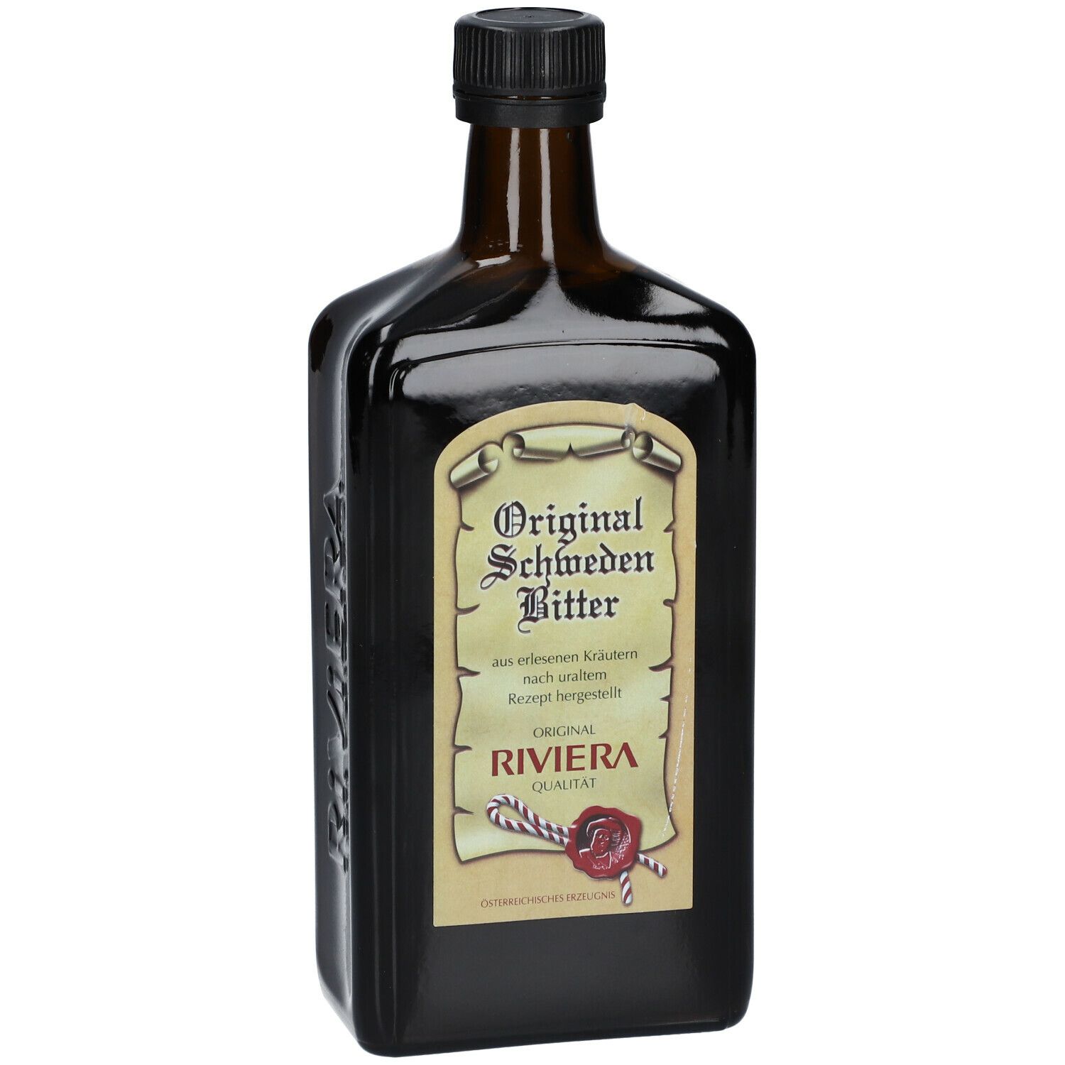 Braune Flasche mit schwarzem Verschluss. Etikett mit "Original Schweden Bitter" und "RIVIERA".