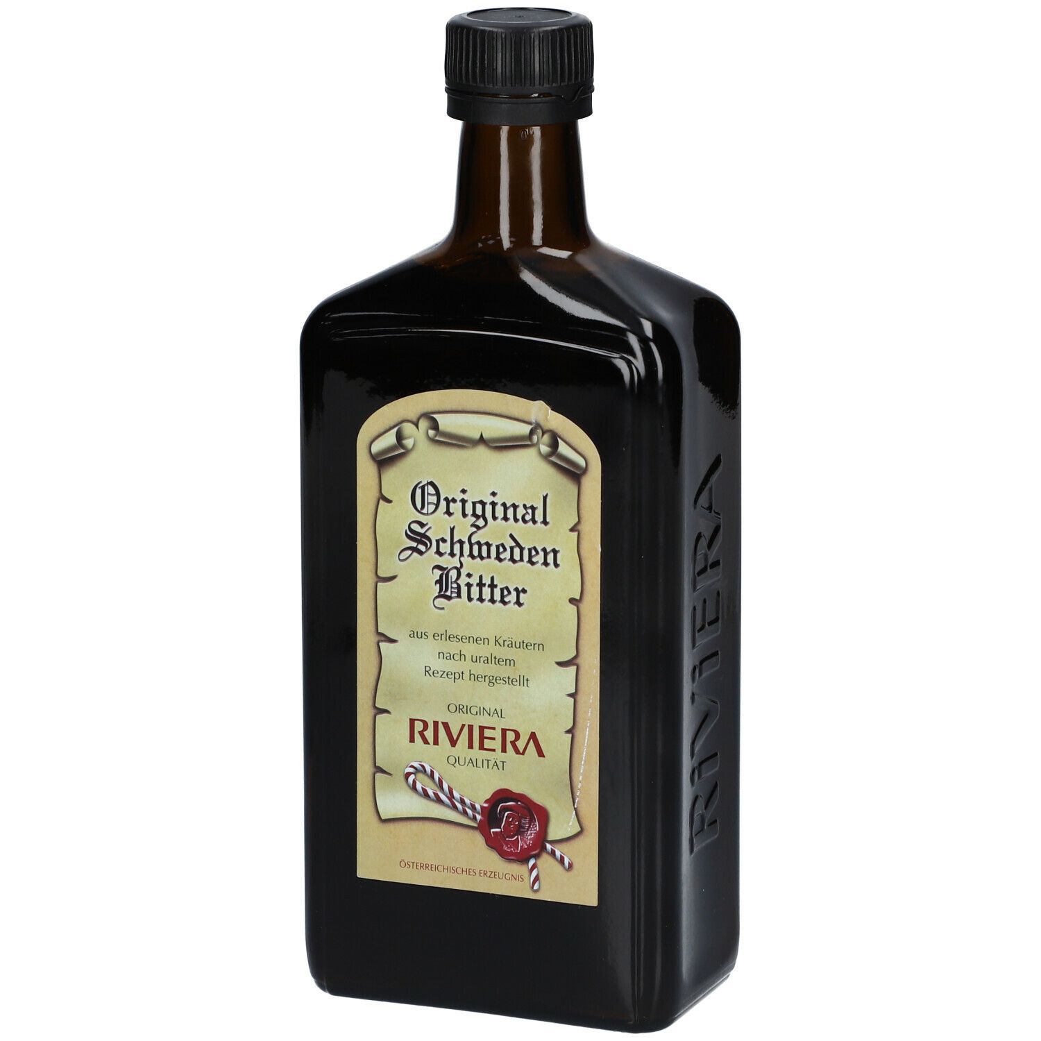 Braune Flasche mit schwarzem Verschluss. Etikett mit "Original Schweden Bitter" und "RIVIERA".