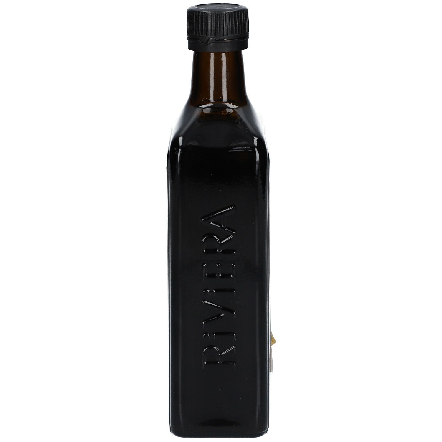 Braune, rechteckige Flasche mit schwarzem Verschluss. "RIVIERA" vertikal auf der Flasche.