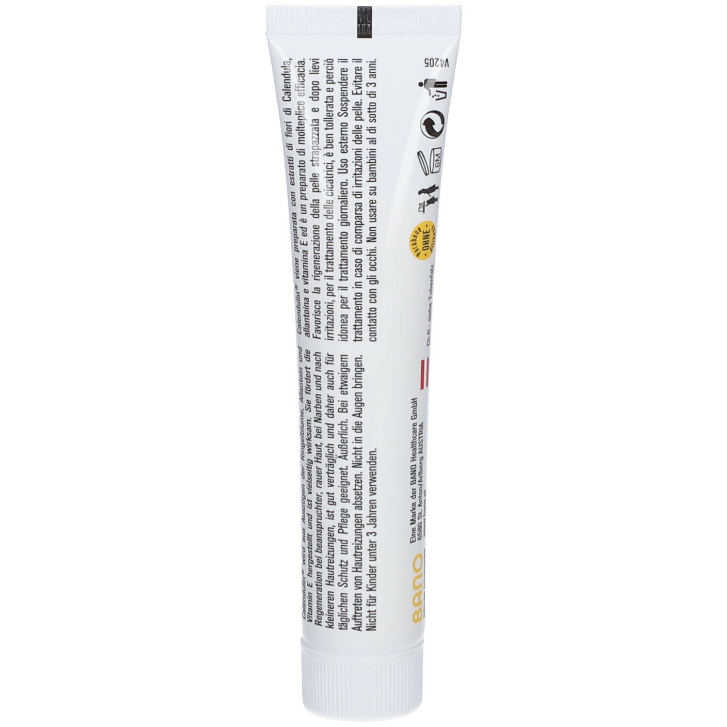 Creme-Tube mit Text. Aufschrift: Calendulin. Auf der Tube sind Informationen und Symbole abgebildet.
