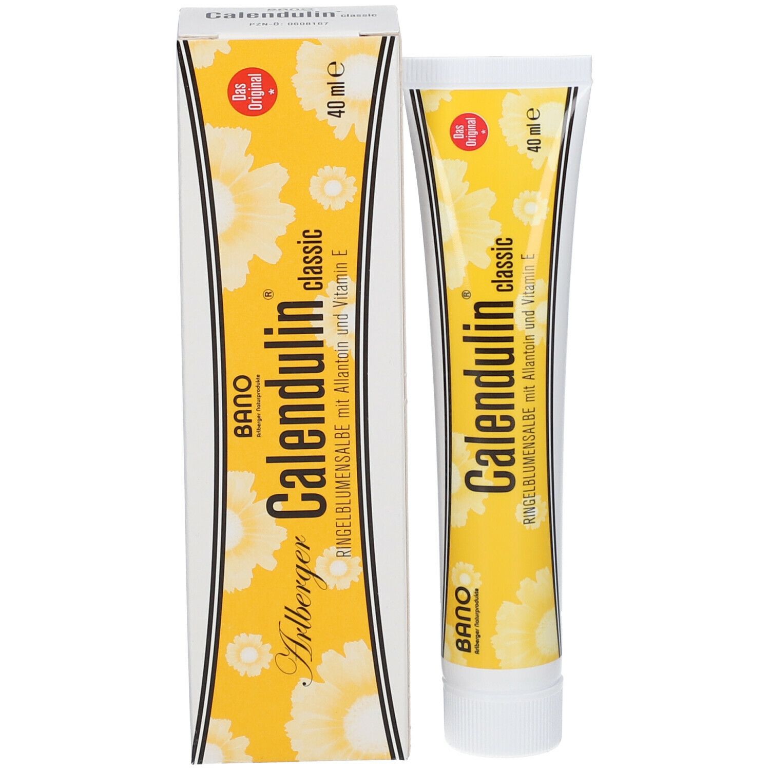 Produktverpackung und Tube. Aufschrift: Calendulin classic. Gelbe Verpackung mit Blumenmuster und Produktnamen.