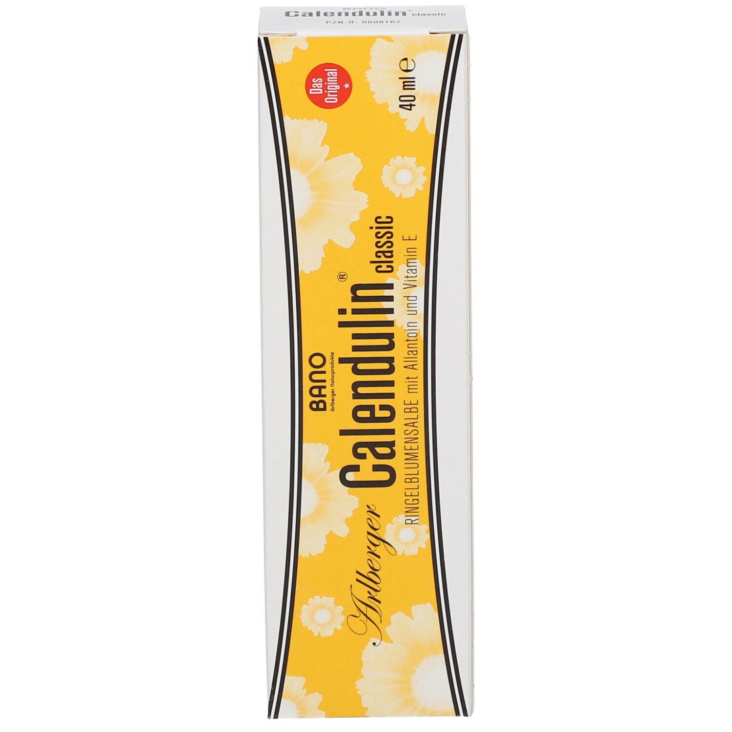 Produktverpackung. Aufschrift: Calendulin classic. Gelbe Verpackung mit Blumenmuster und Produktnamen.