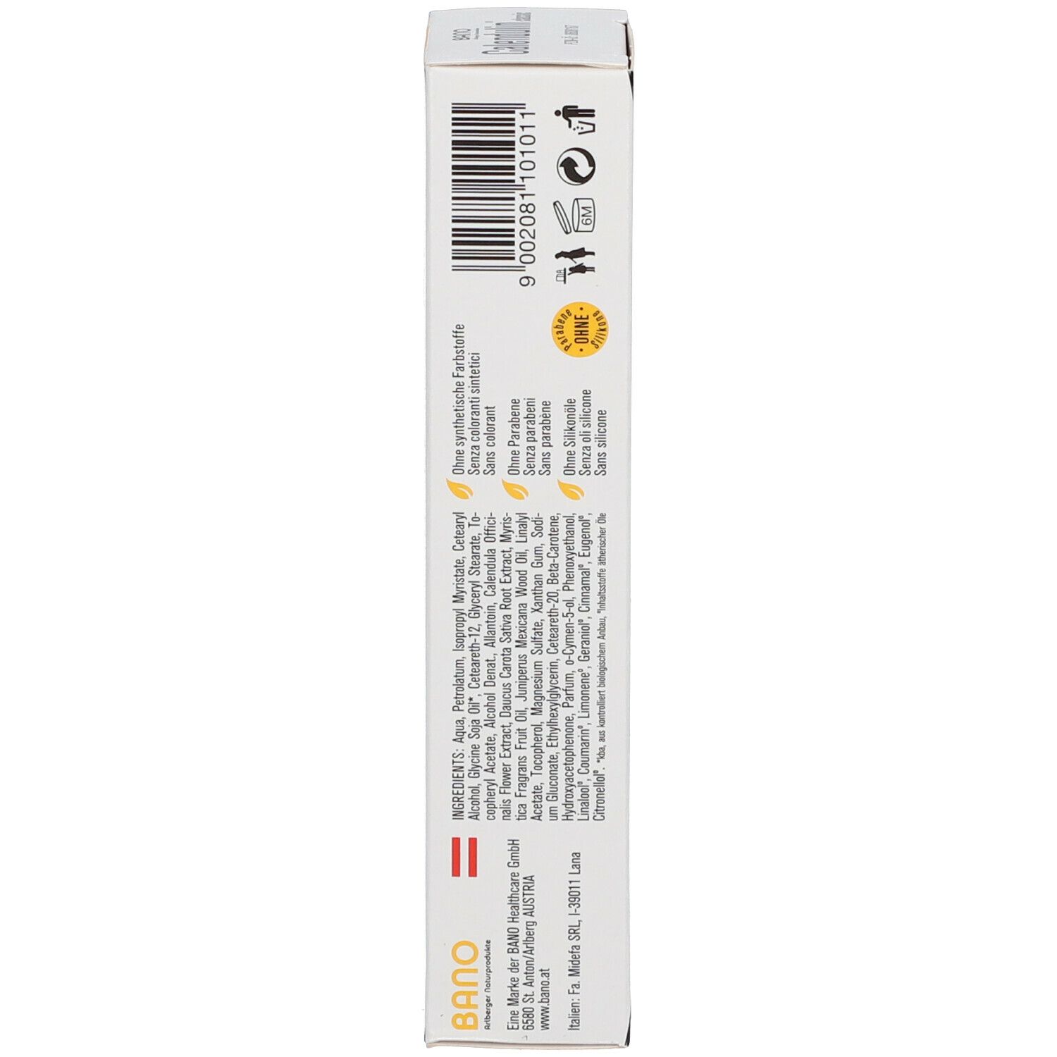 Produktverpackung, Rückseite. Text mit Inhaltsstoffen und Herstellerinformationen. Symbole und Barcode.