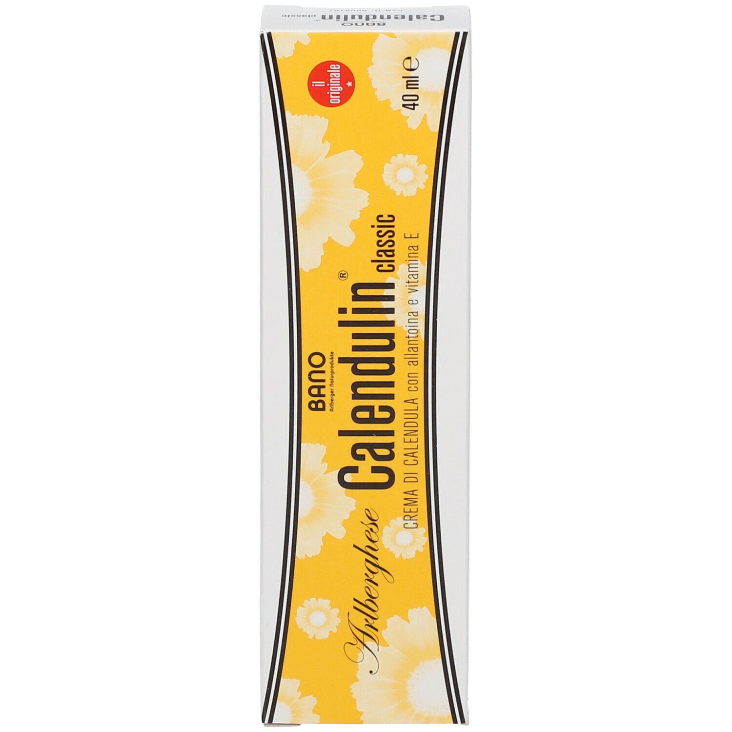 Produktverpackung. Aufschrift: Calendulin classic. Gelbe Verpackung mit Blumenmuster und Produktnamen.
