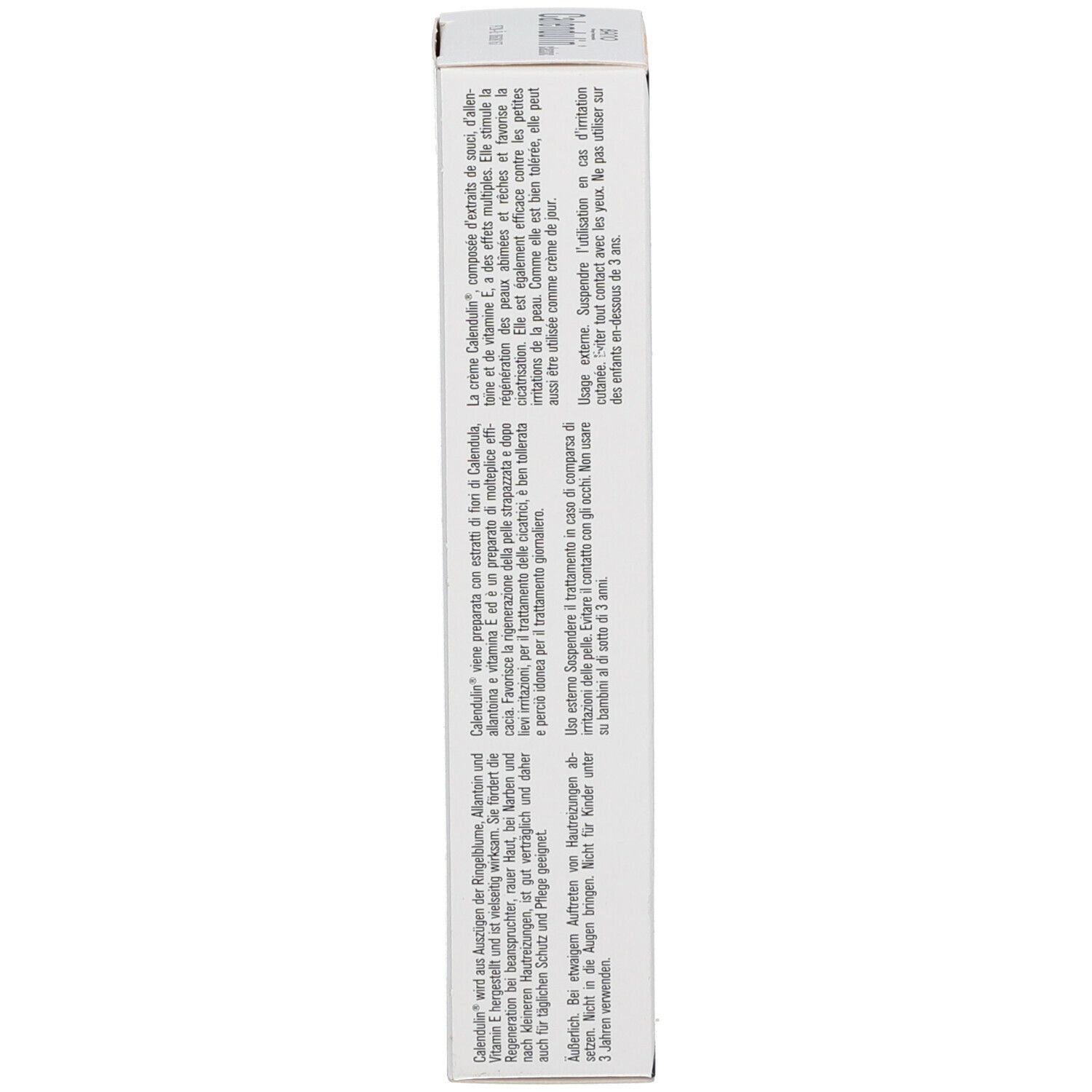 Produktverpackung, Text. Informationen zur Anwendung und Inhaltsstoffen. Warnhinweise und Herstellerangaben.