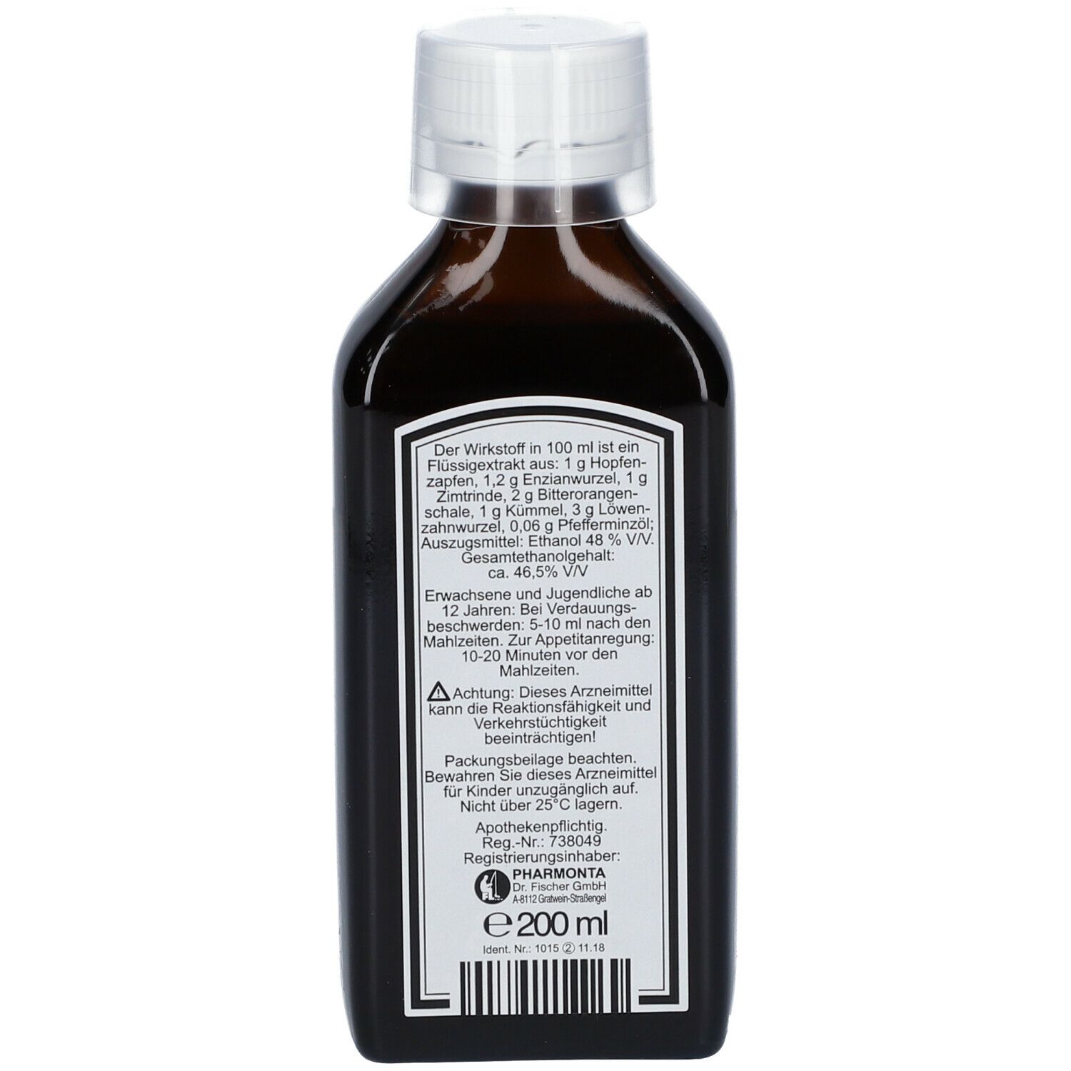 Rückseite der braunen Flasche. Etikett mit Inhaltsstoffen und weiteren Informationen. 200 ml.