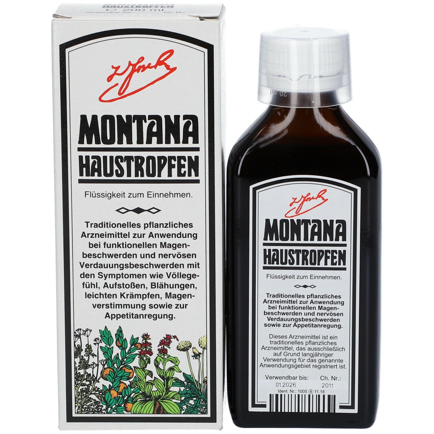 Produktflasche und Verpackung nebeneinander. Verpackung mit Produktnamen und Text. Flüssigkeit zum Einnehmen.