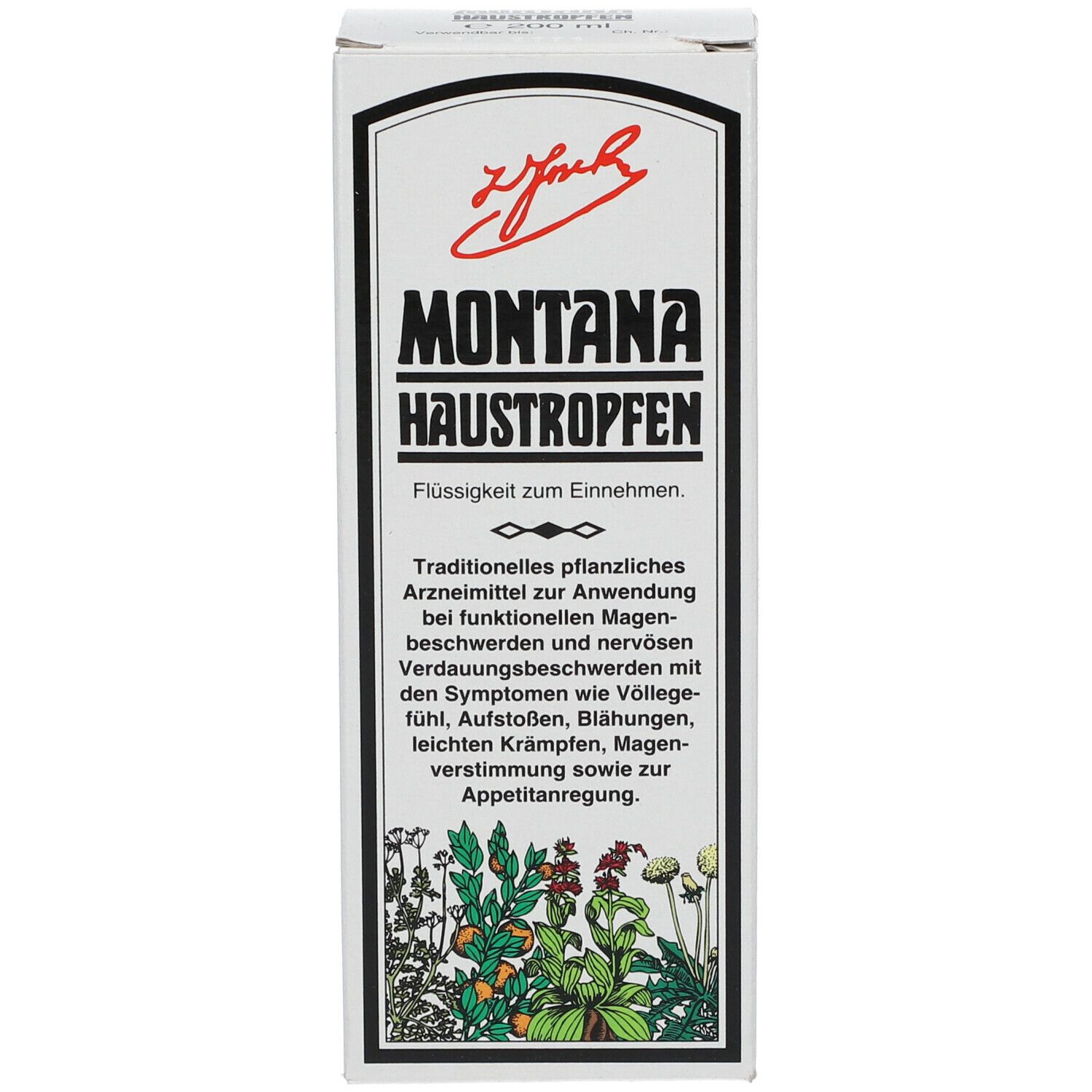 Weiße Verpackung mit Produktnamen und Text. Flüssigkeit zum Einnehmen. Illustrationen von Pflanzen.